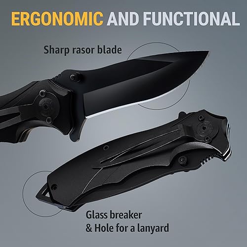 Miniatura 3 de Grand Way Cuchillo táctico para hombre  Cuchillo de bolsillo negro  El mejor cuchillo asistido por resorte con rompedor de vidrio y clip de bolsillo