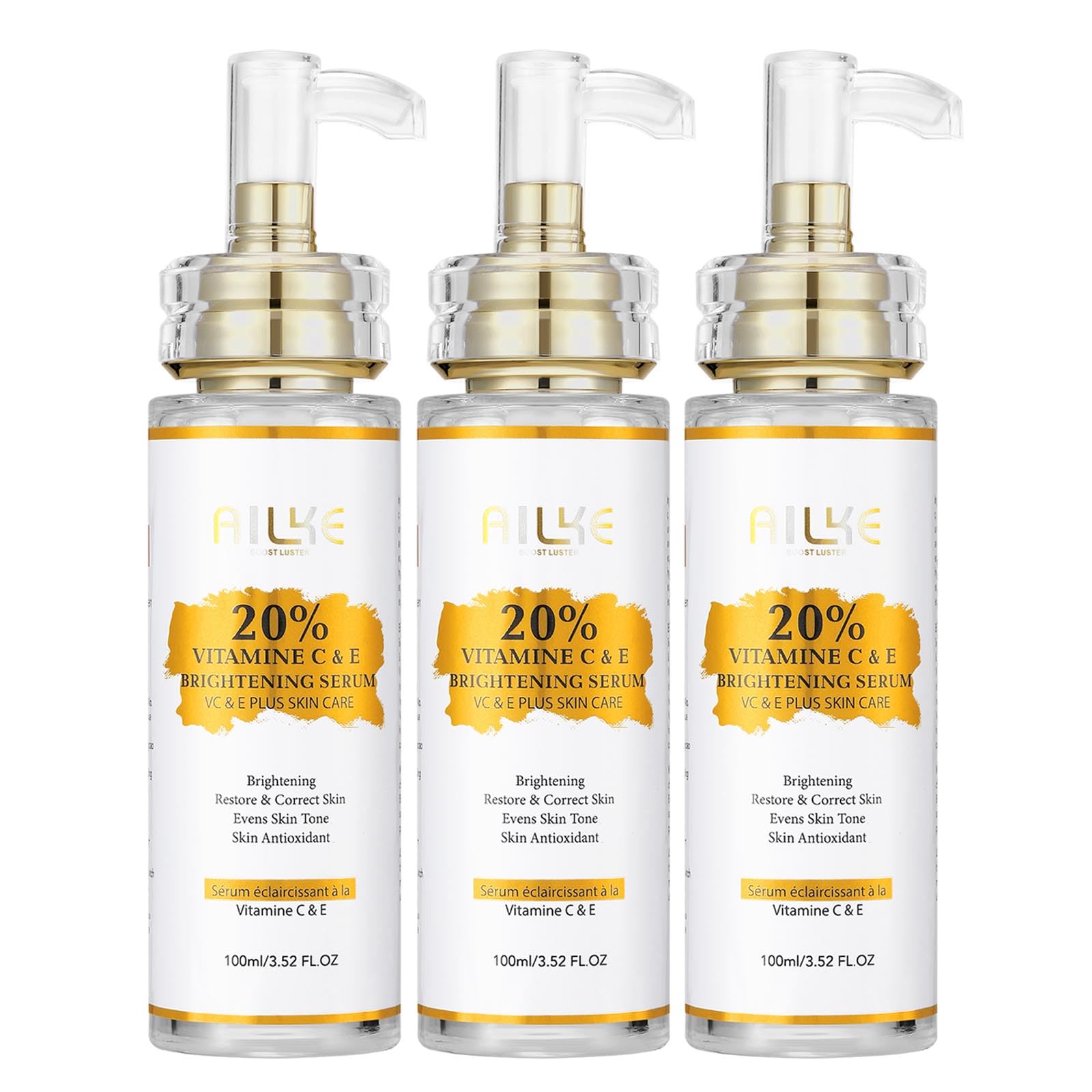 AILKE Witamina C & E super rozjaśniające skoncentrowane serum, wybielające, nawilżające, oczyszczające skórę, redukuje ciemne plamy, z niacynamidem, gliceryną, do twarzy, ciała, 100 ml (3 sztuki)