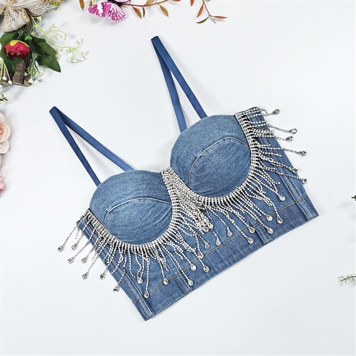Women's Denim Corset Bustier Shaping Bra Rhinestone Beaded Tassel ChainHalter Tops