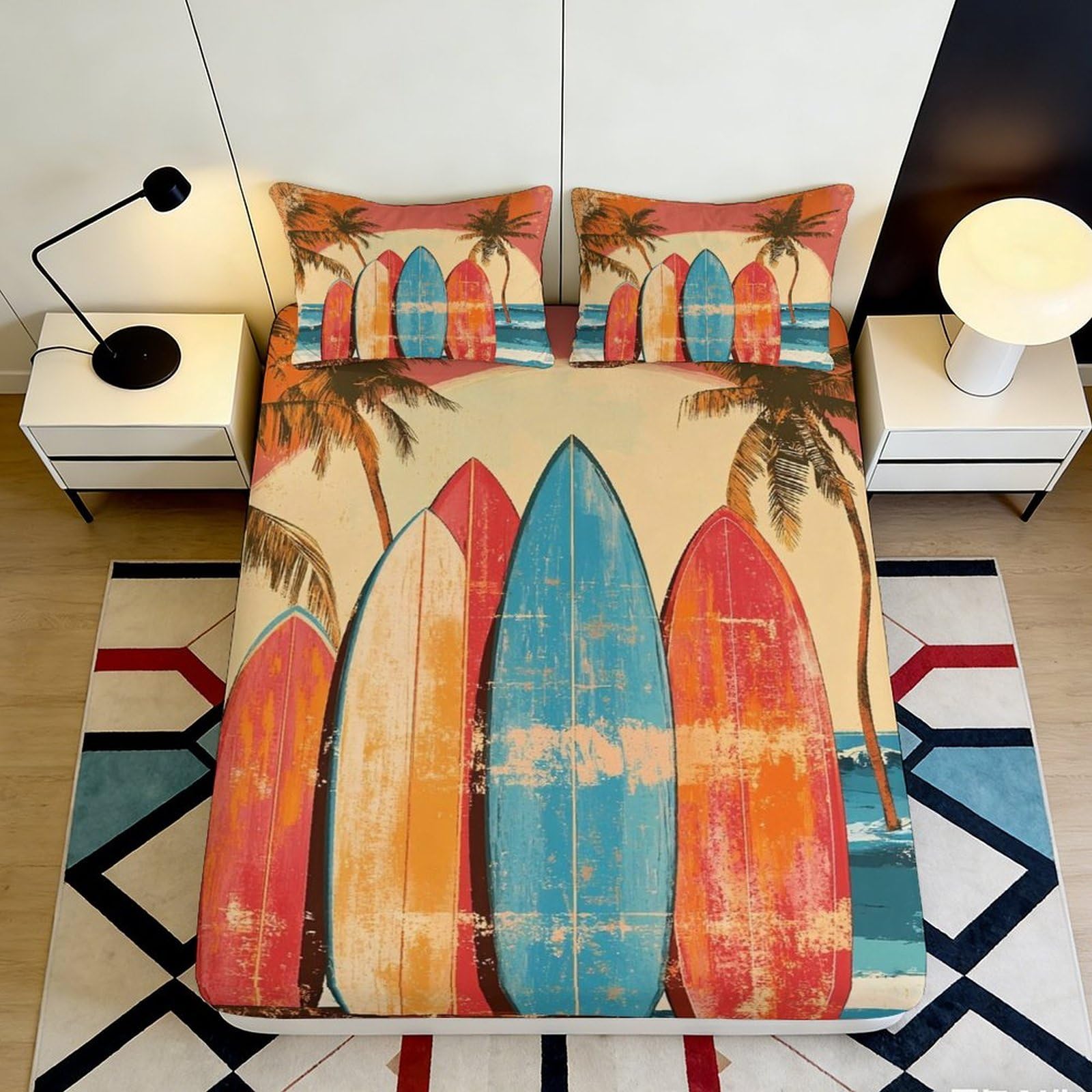 3D Printed Surfboard Beach Fitted Sheet Microfiber Soft Vibrant Palm Tree Bed Cover for Bedroom Guest Room Decor 90x200x25cm