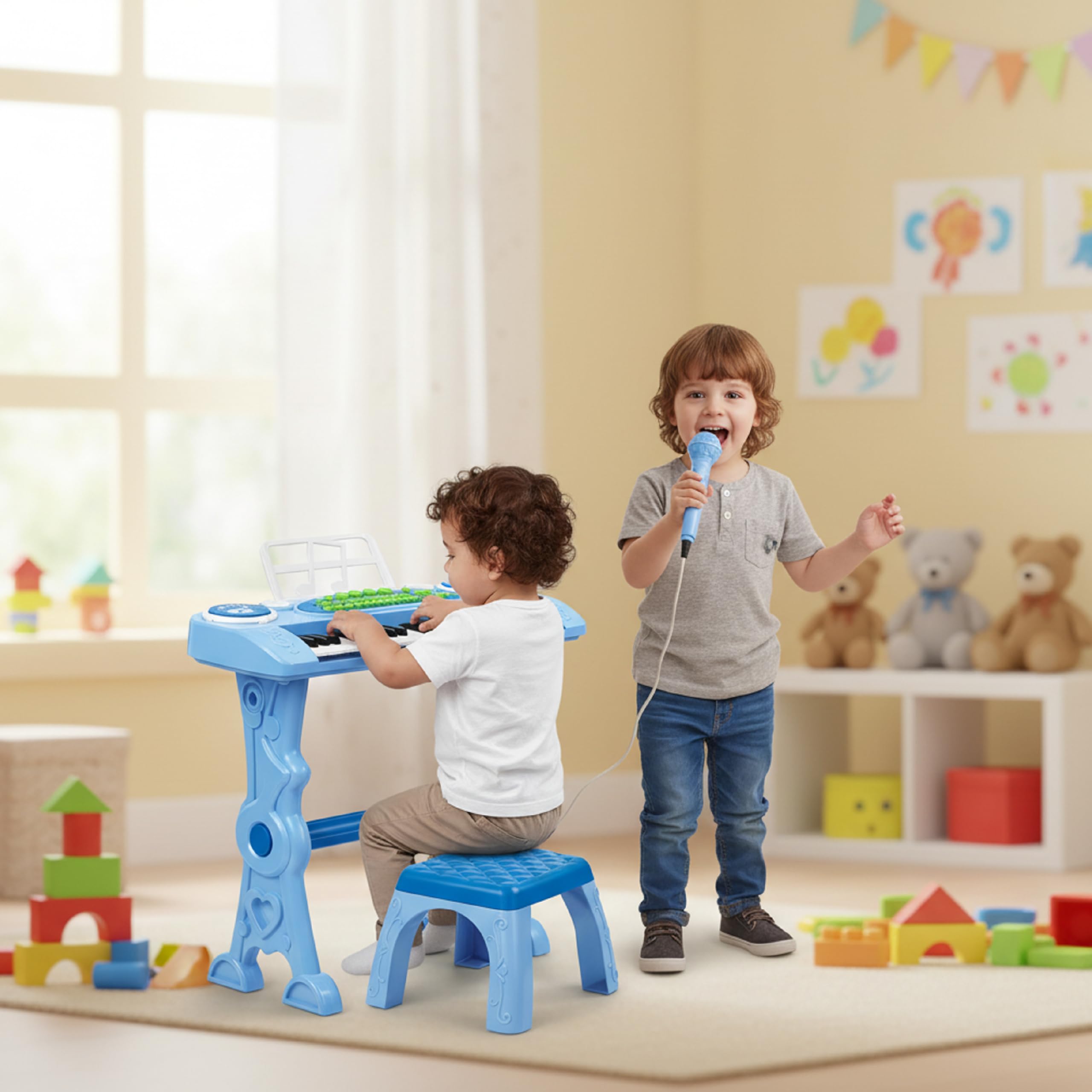Baroni Toys Tastiera Elettronica con Sgabello per Bambini 3+ Anni con Microfono, Pianola Musicale con Melodie e Suoni Educativi, Tastiera 37 Tasti con Sedia Azzurra, 48x20x53cm