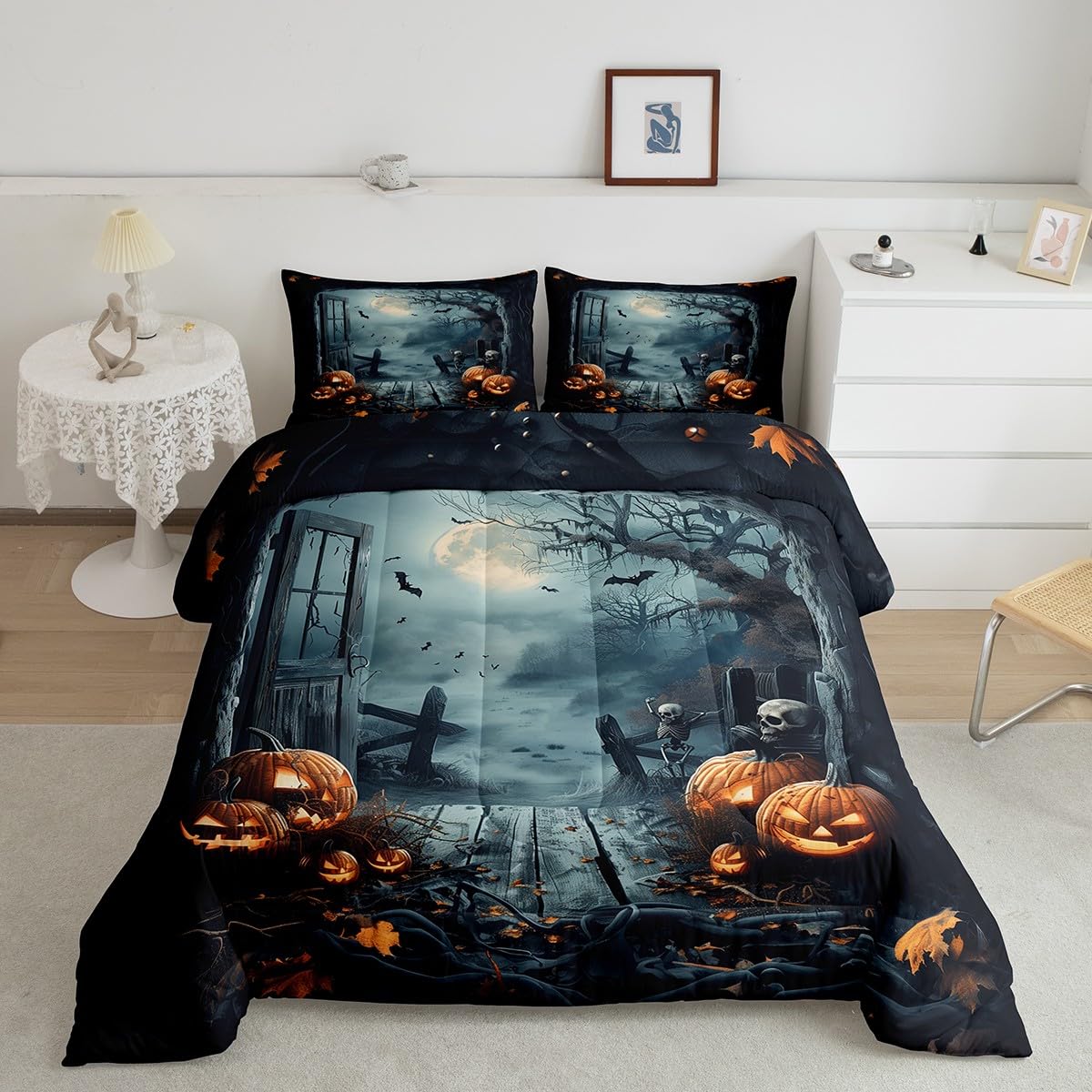 Cool Halloween Duvet Cover Queen Set - Skull Pumpkin Galaxy Stars Bedding For Kids & Teens