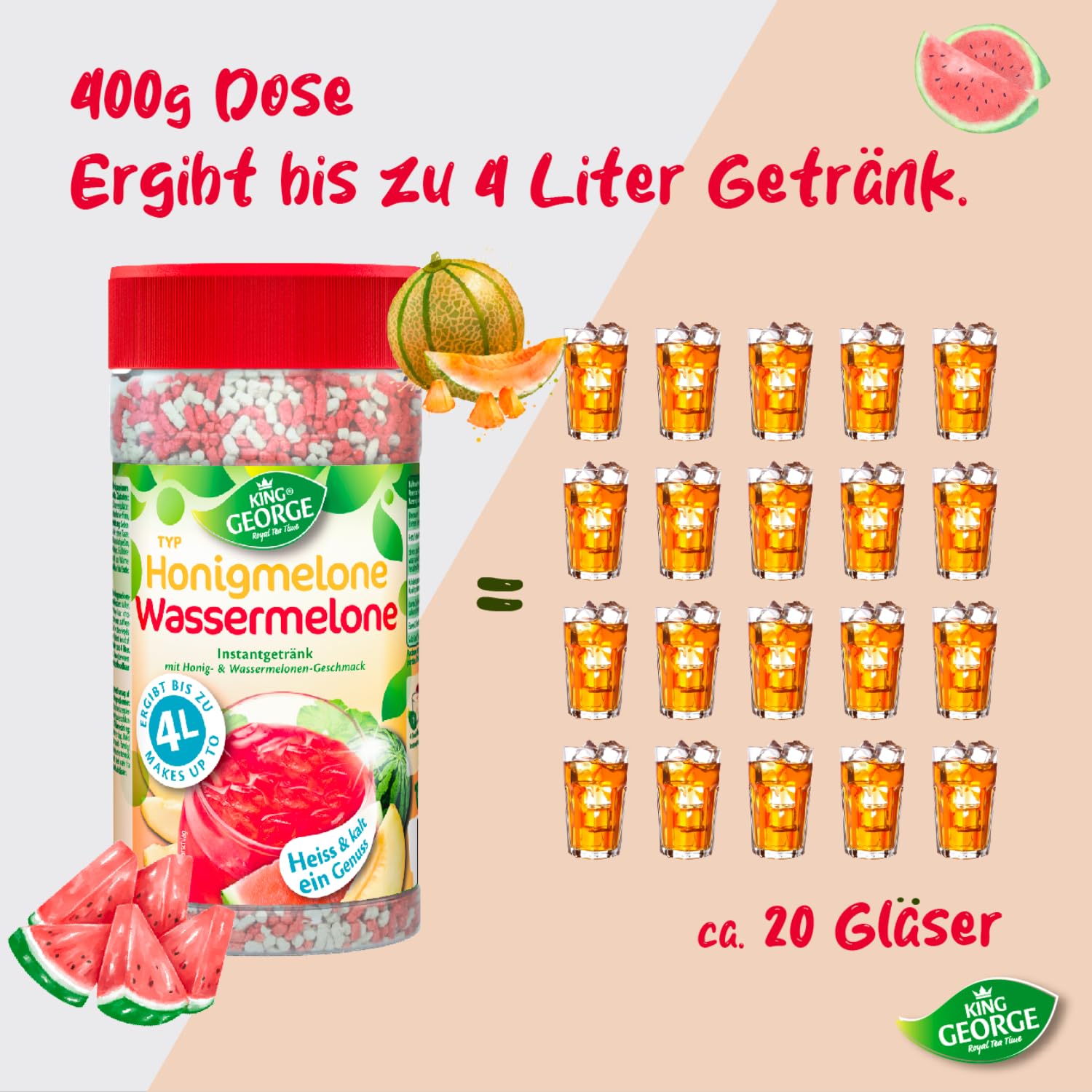 KING GEORGE Bebida instantánea de té de melón, sandía, 12 x 400 g, bebida instantánea, caliente y fría un placer, paquete de almacenamiento de té de migas, bebida para verano, cumpleaños, fiesta