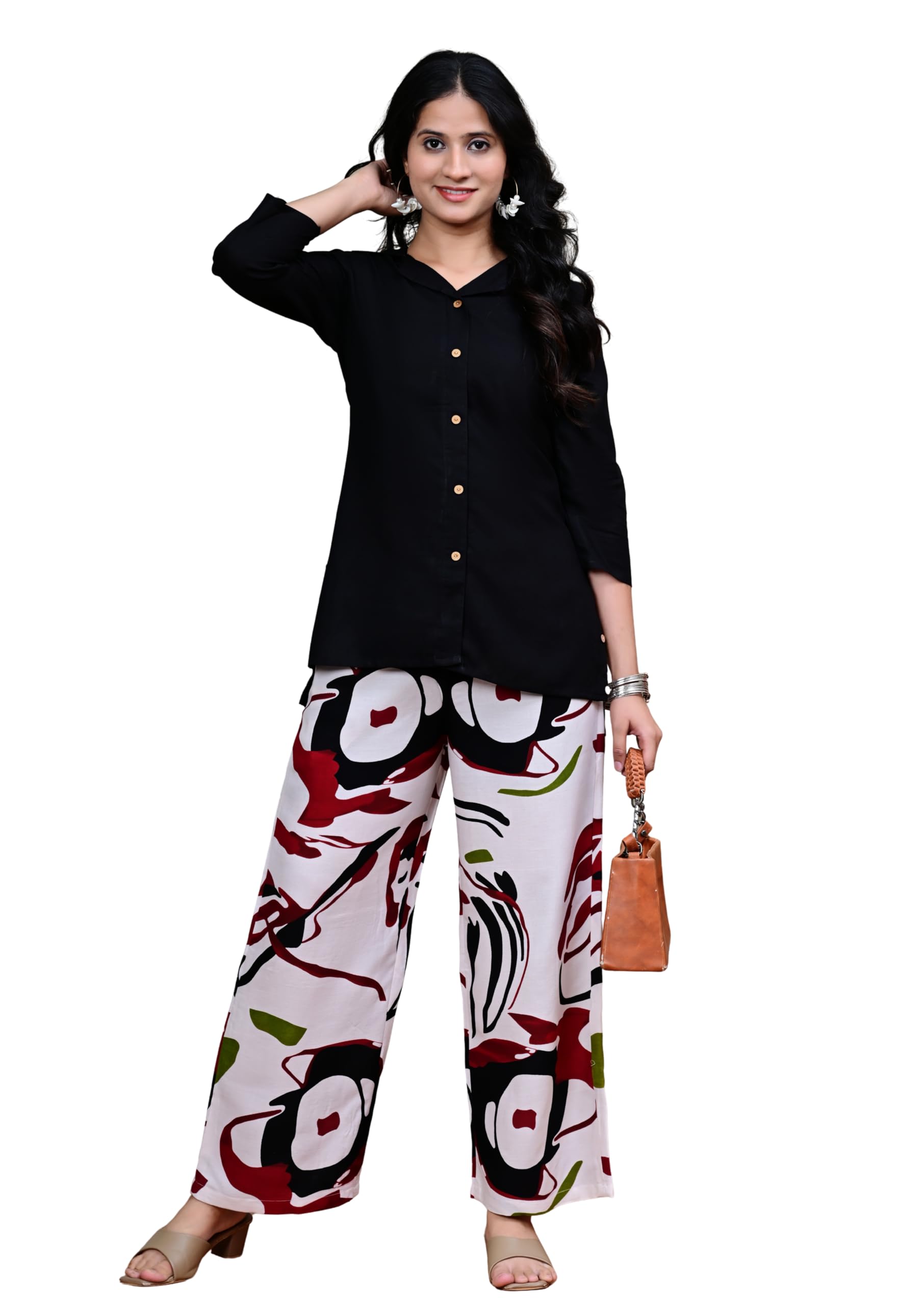 Women's Casual Co-ord Set – Solid Black Button-Down Shirt and Abstract Printed Wide-Leg Palazzo Pants |-image-7