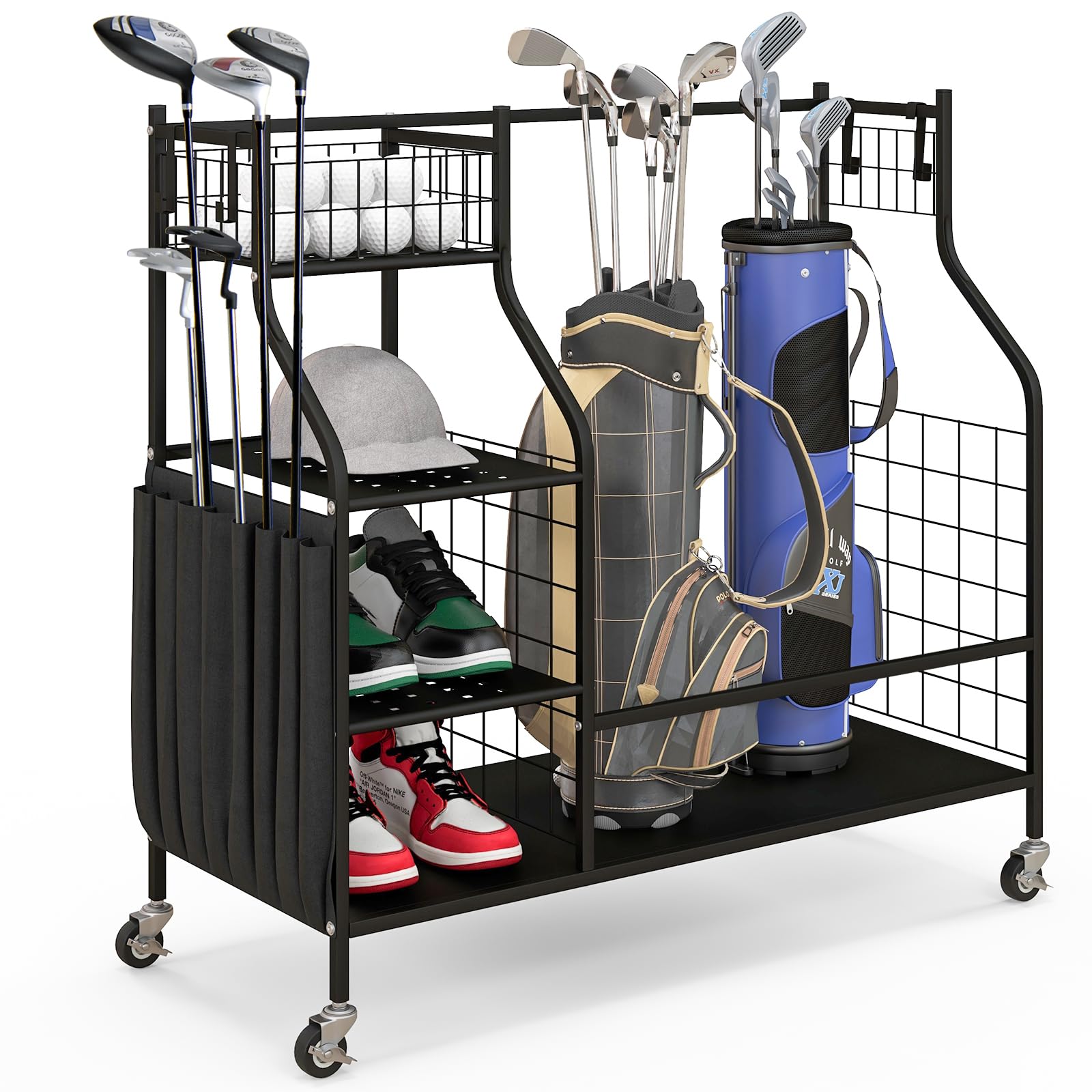 LIFEZEAL Estante de Golf con Ruedas, Organizador para Accesorios de Golf con Bolsa de Tela, Estante para Bolsa de Golf con Cesta y Gancho, Almacenamiento para Pelotas de Golf y Palos de Golf