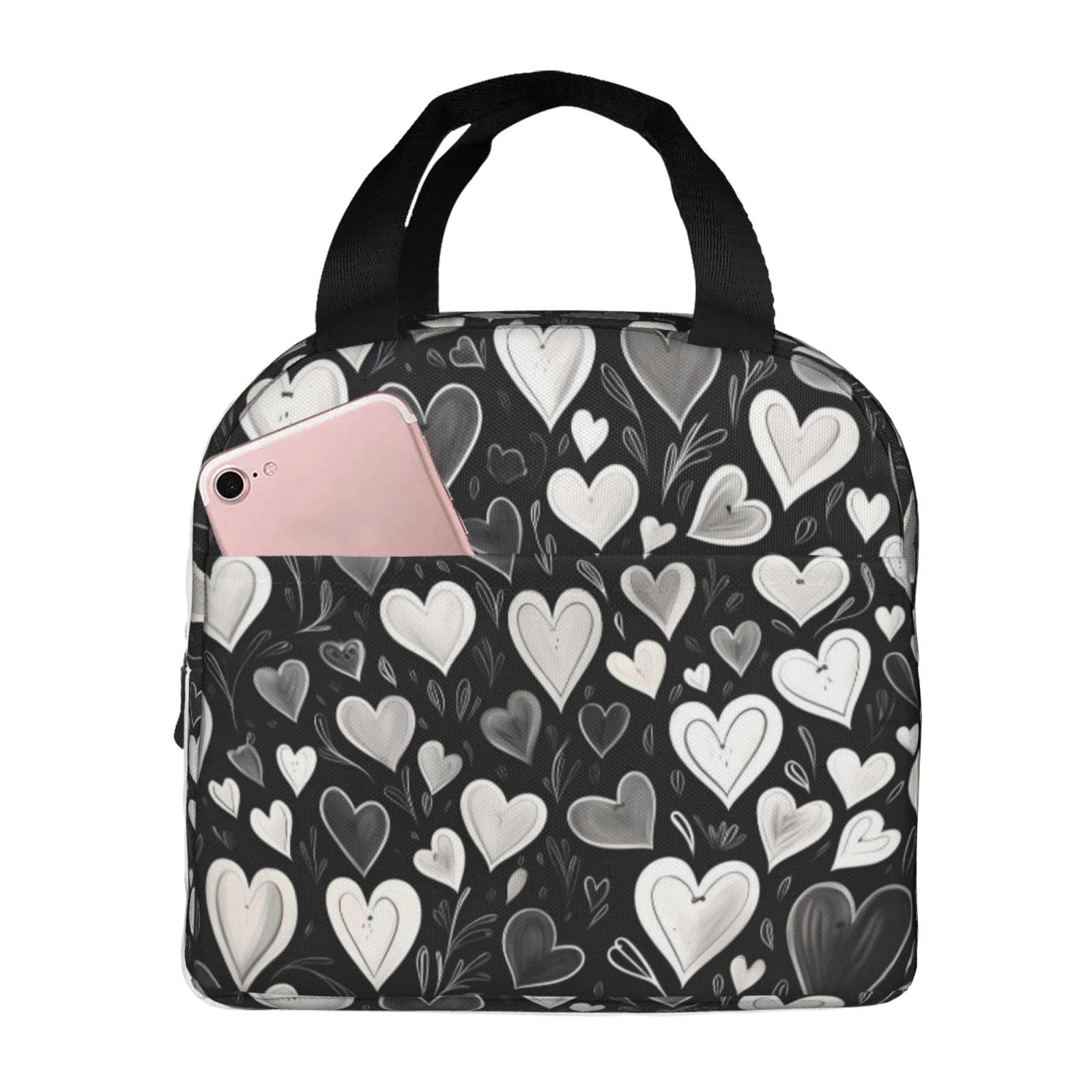 Mexpekil Lunch Bag for Travel Work Picnic, Black and White Hearts Reusable Bento Box Lunch Tote Bag, Handbags Case High Capacity for Kids and Adults