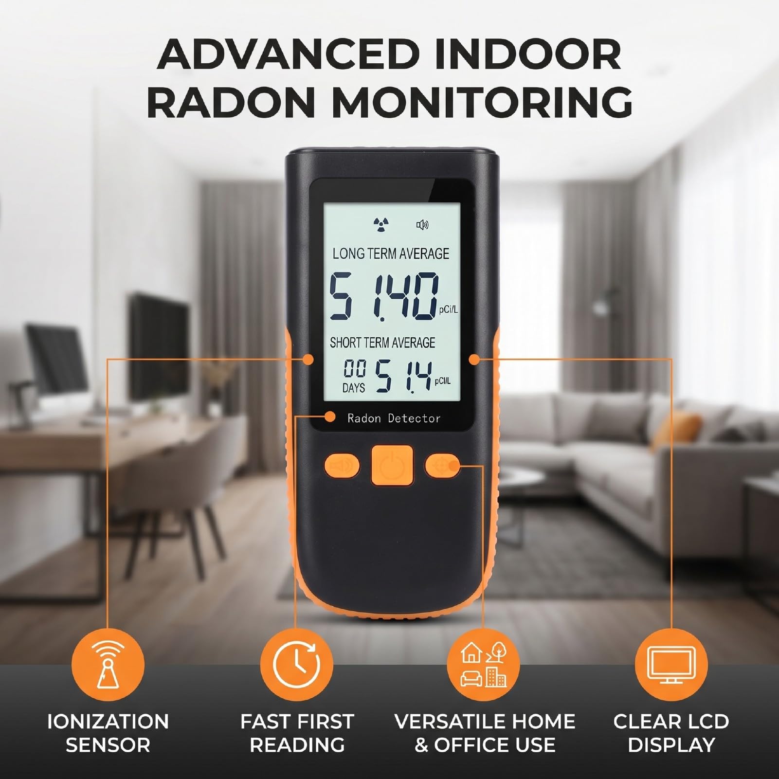 Rilevatore di Radon Portatile da 0-270 PCi/L (da 0 a 9999 Bq/m²) | Monitor con sensore ionico ad alta precisione per l'home office, facile da usare con schermo LCD, aggiornamenti orari in