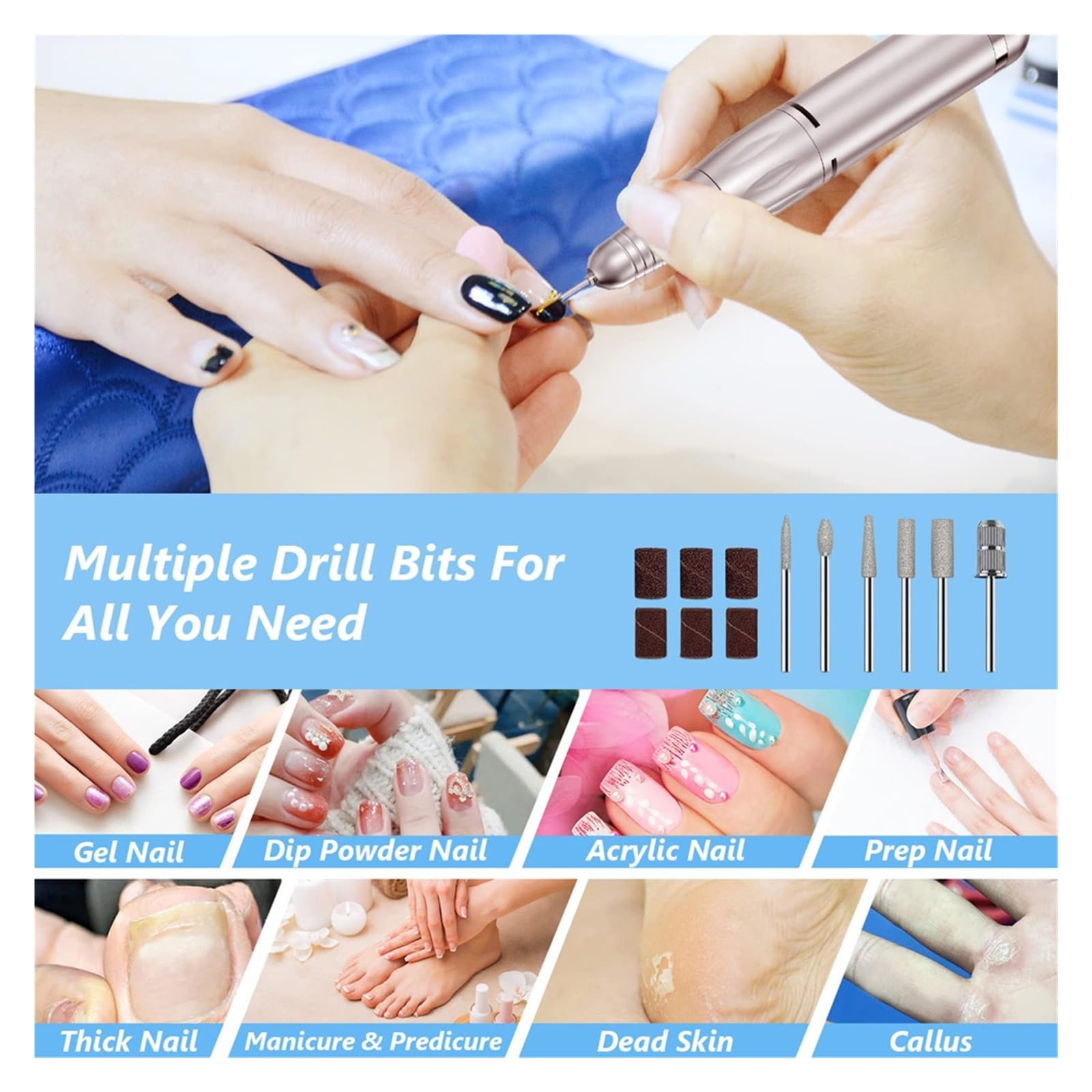 Frese elettriche for unghie, limatrice for unghie ricaricabile da 45000 giri/min con display LCD, 2 rotazioni for unghie in acrilico Manicure for unghie in gel