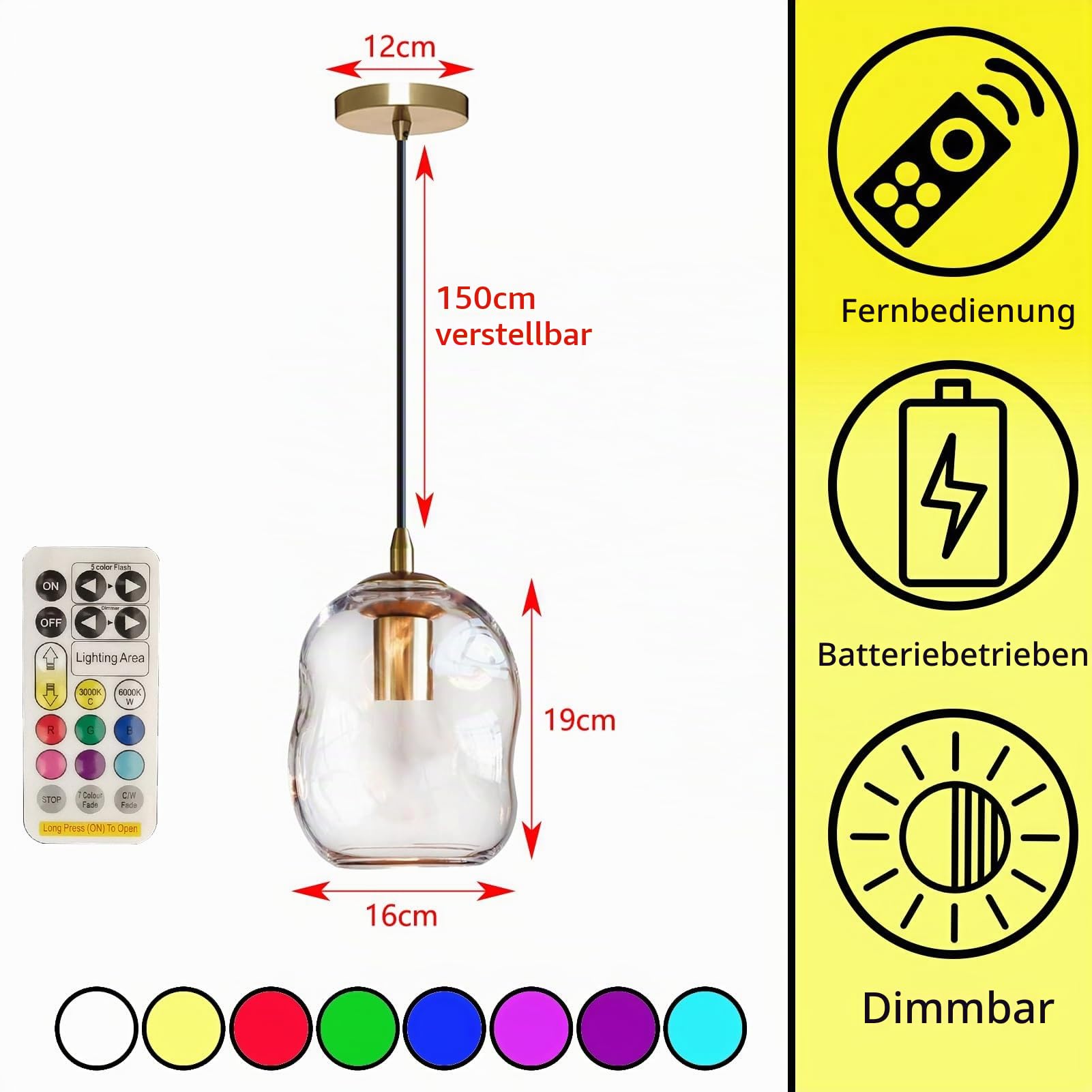 Ohne Stromanschluss Hängelampen mit batterie,Modern Pendelleuchte mit Glasschirm,Batteriebetrieben Hängelampe mit Fernbedienung,Pendelleuchte für Kücheninseln mit wiederaufladbarer Lichtquelle.