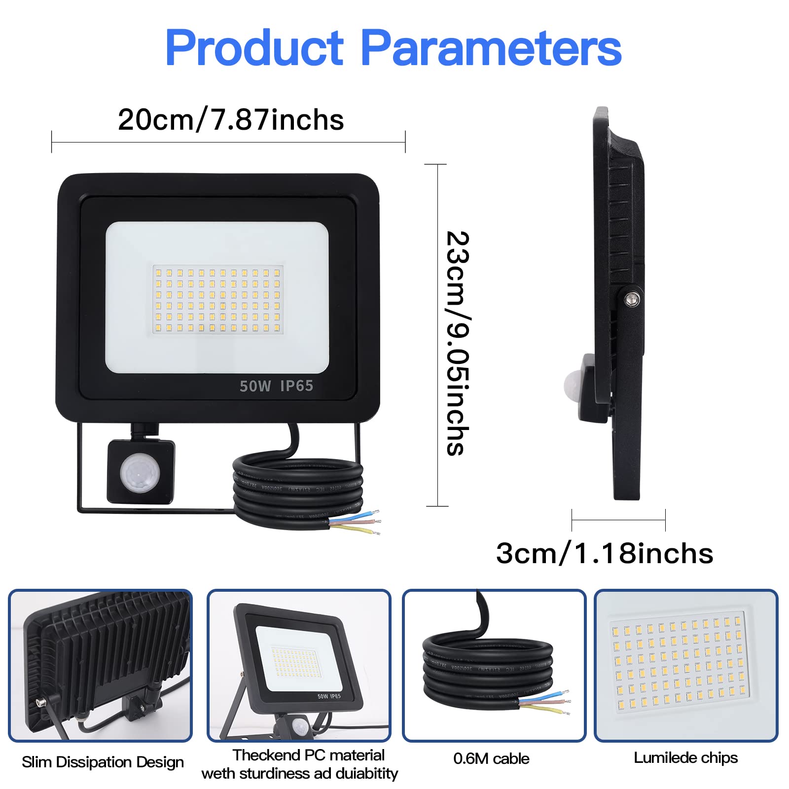 YCZM 50W LED Strahler Außen mit Bewegungsmelder 5000LM 6500K Kaltweiß,Außenstrahler mit Bewegungsmelder IP65 Wasserdicht,Scheinwerfer mit Bewegungsdetektor Schwarz für Hell Garten Garage Hof