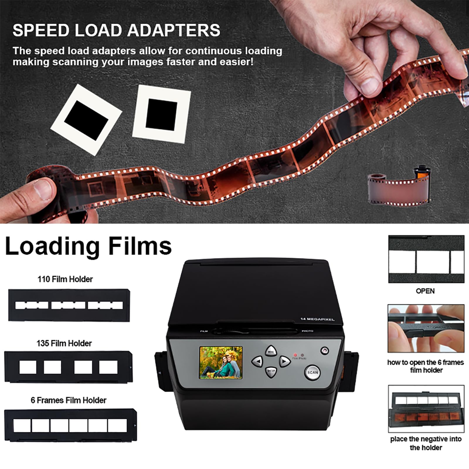 Escáner de película, convertidor de Diapositivas y Negativos de 22 MP con Pantalla LCD de 2,4", Convierte Diapositivas/Negativos de 135/35 mm y 110, Tarjetas de Visita a Archivos J