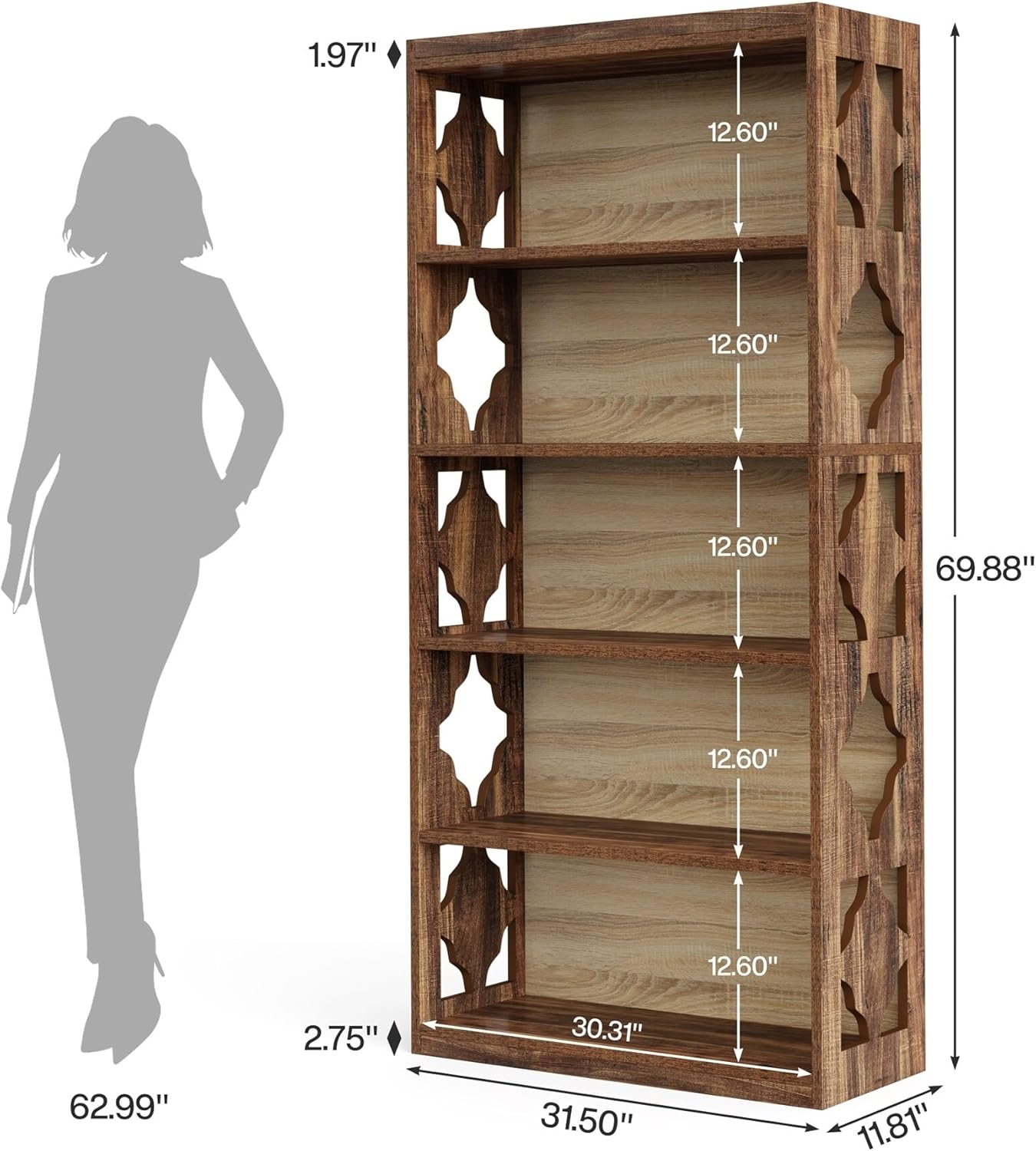 6-Tier Bookcase 70-inch Tall Freestanding Bookshelf with Hollow Patterns Brown Modern Contemporary Vintage Wood Finish Includes Hardware