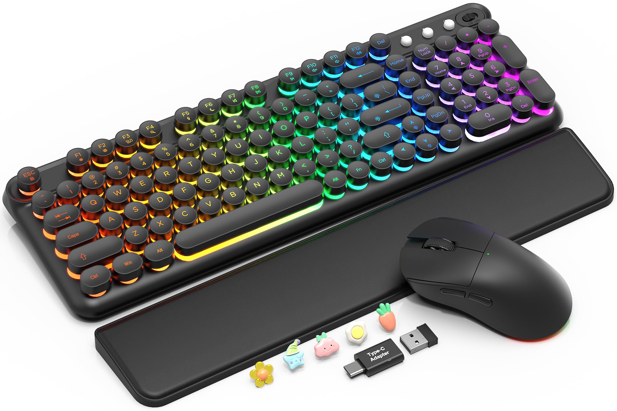 SABLUTE RGB Backlit Wireless Keyboard and Mouse Combo with Retro Round Keys | 7 solid colors + RGB, Soft wrist rest, Compact layout with numpad, Typewriter-style, Quiet keys, Rechargeable, Light-up mouse