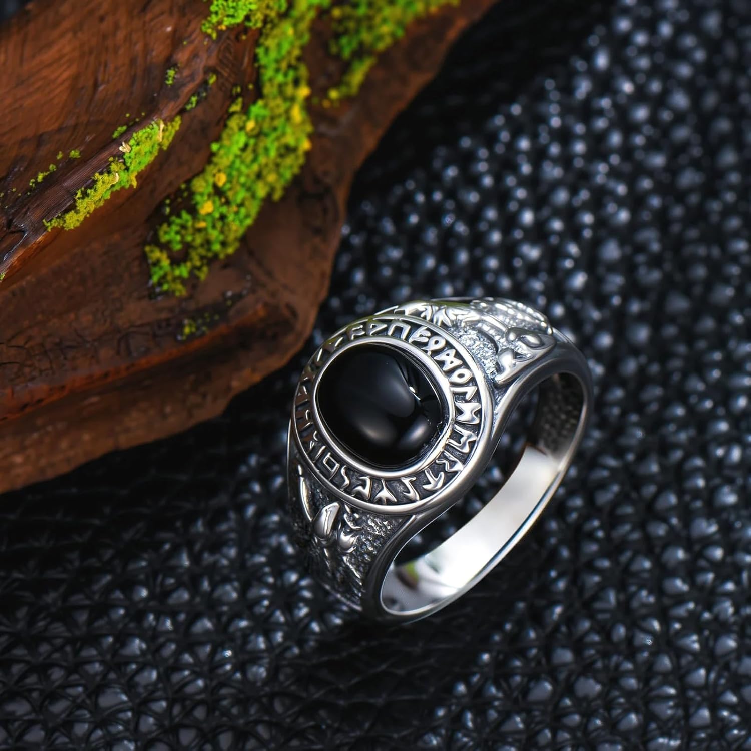 Men's Wolf and Eagle Ring Sterling Silver, Norse Runes Oval Shaped with Natural Gemstone (Black Onyx, Turquoise, Amber, Tiger Eye, Lapis Lazuli), Vintage Viking Jewelry Gift for Him - Image 4