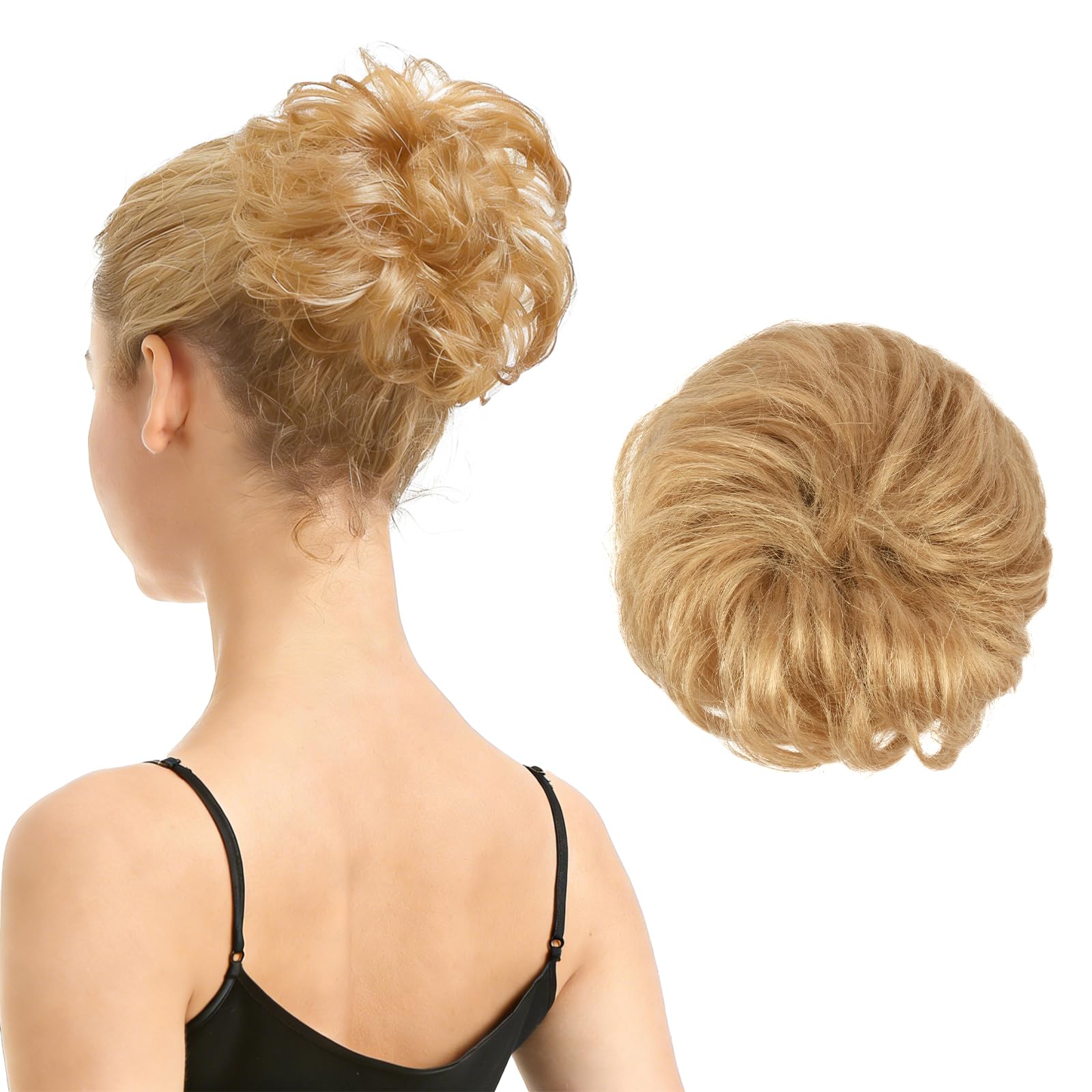 BARSDAR 100% Human Hair Bun Extension - Real Human Hair Blonde Messy Bun Scrunchie for Women - Elastic Wavy Honey Blonde Updo Extensions Soft Fluffy