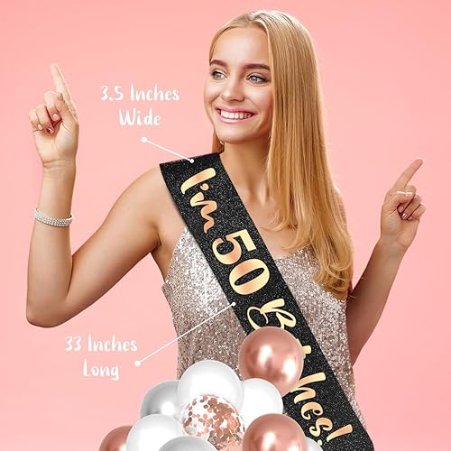 Miniatura 4 de PartyForever Decoraciones de cumpleaños número 50 para mujer, suministros de oro rosa, juego grande que incluye pancarta de Older Wiser Hotter y