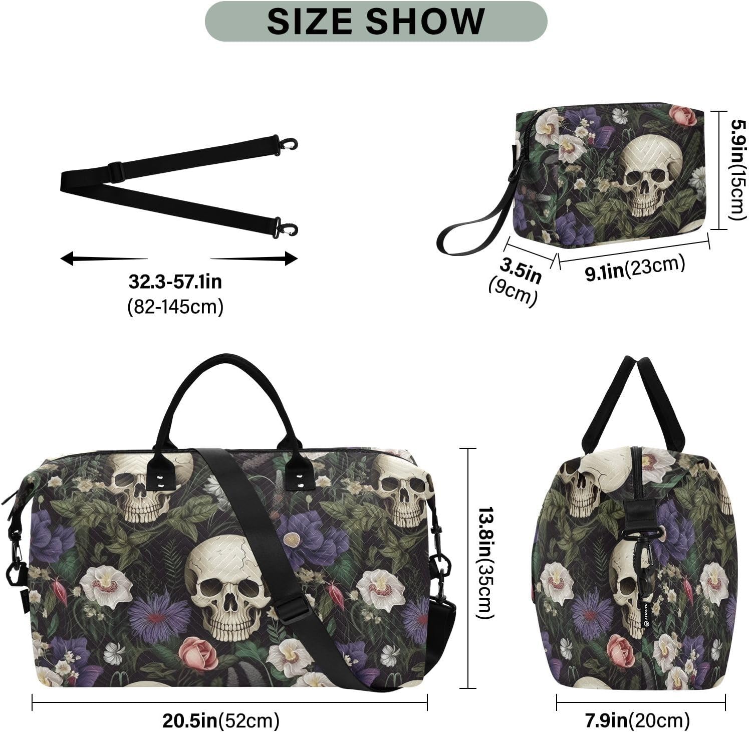 Skull Travel Duffle Gym Weekender Swim Bag with Toiletry Bag for Women - Purple White Flower