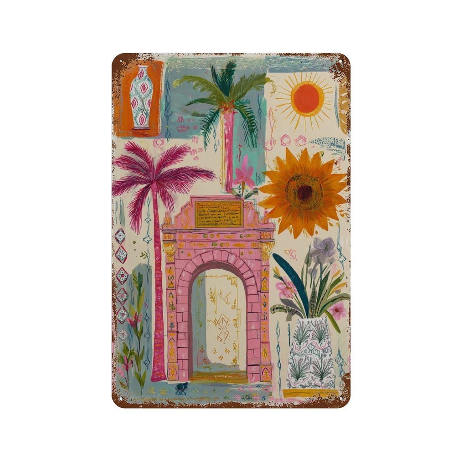 xiaoxiaoshen Moroccan Archway Boho Colorful Travel Exotic Botanical Mediterranean Home Work Wall Decor Art Metal Tin Poster Modern Home Decor Art Home Bar Shop Decorations Vintage Sign 30x20cm