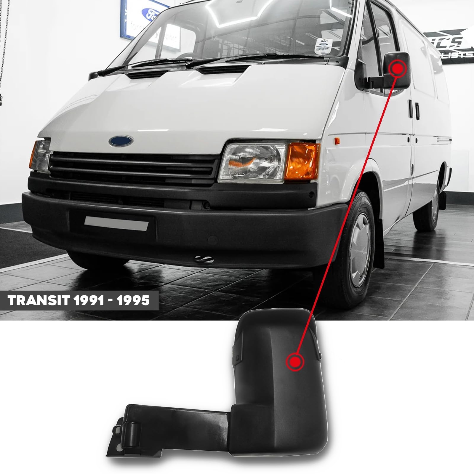 CG94 - Specchietto Retrovisore Manuale Braccio Lungo Sinistro [Lato Guida] Compatibile per Auto TRANSIT 91 - Calotta Nera