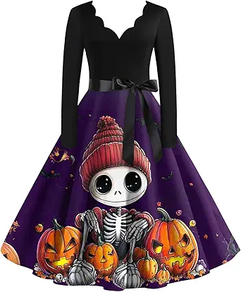 OIOLOYJM Sexy Plus Size Halloween Costumes Woman 2025 Long Sleeve V Neck Printed Gothic Retro Formal Party Dresses for Women