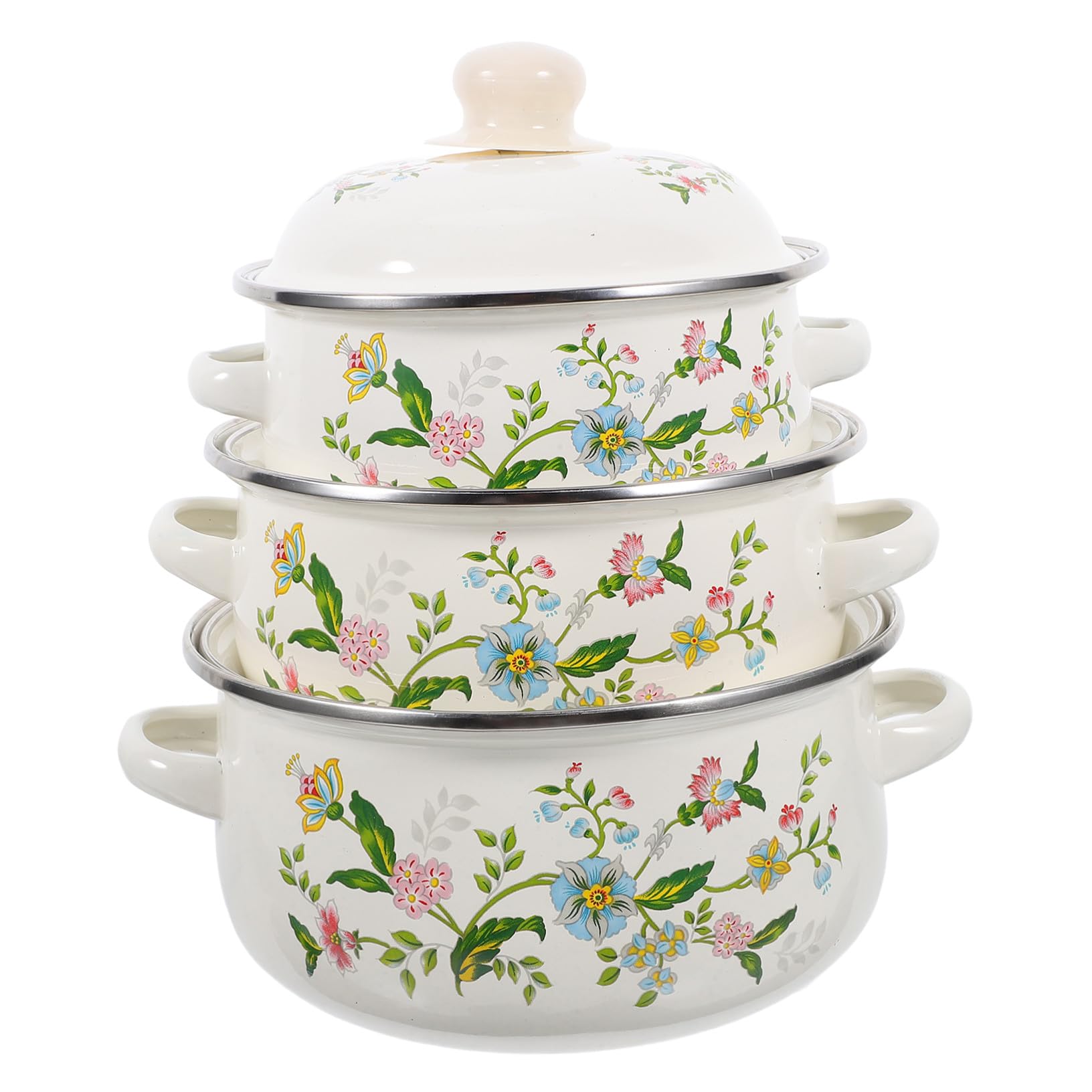 Toyvian 3 Stück Teiliges Emaille Mini suppentopf set mit Griffen Vintage Kochgeschirr für Ceranfeld für Instant nudeln Suppen und Babynahrung Emaillierter Kochtopf mit Flachem Boden
