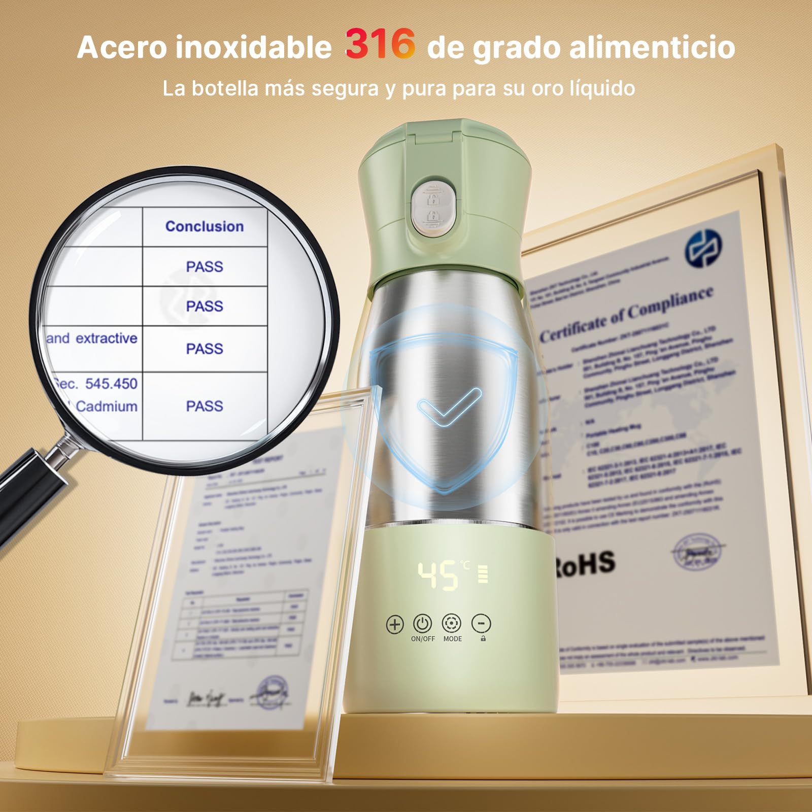 Calentador de Biberones Portátil 500ml, JDZ Calentador de Agua Recargable Sin Cables con Control de Temperatura, Aislamiento Térmico, Ideal para Viaje, Camping y Salidas con Bebé (Verde)