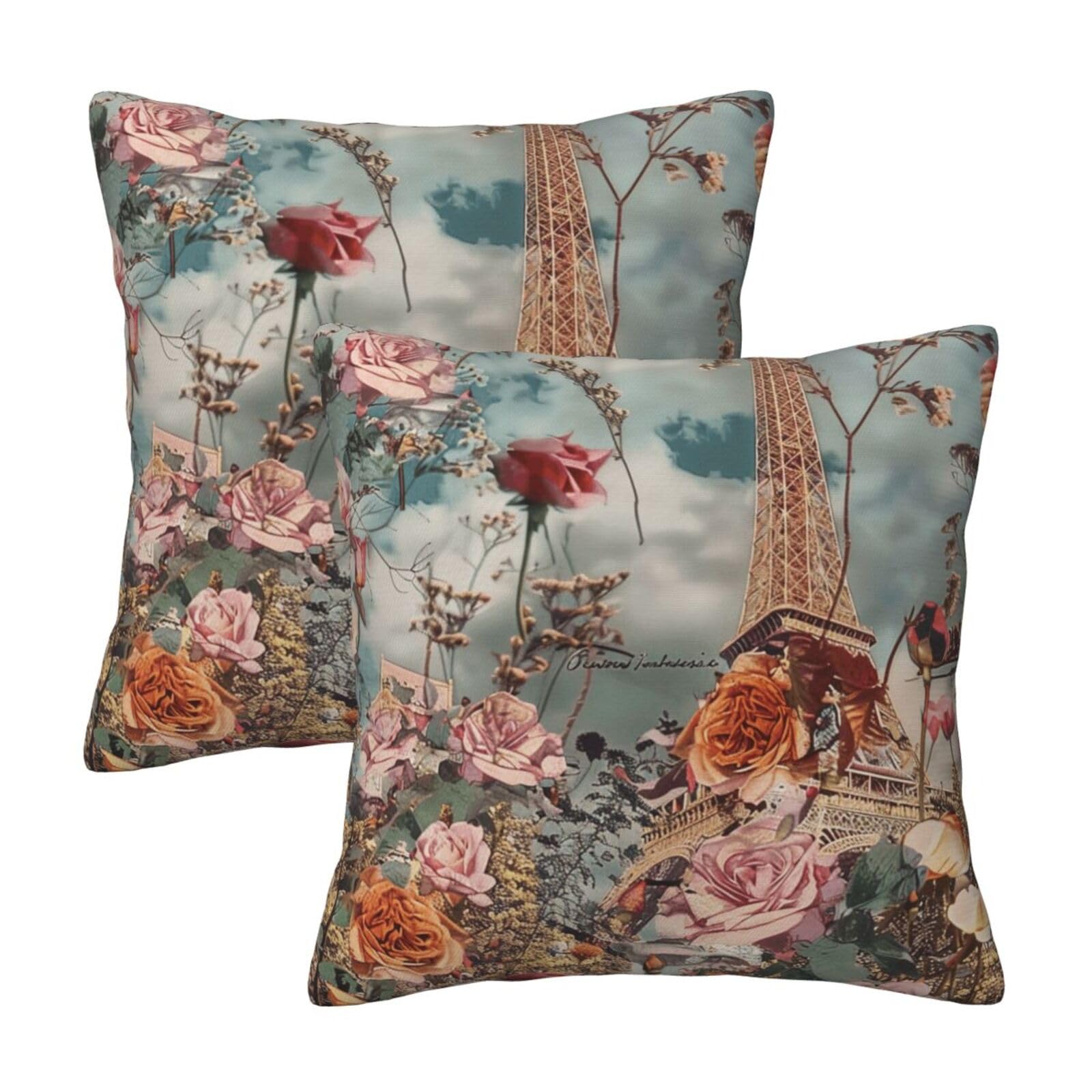 Flower Paris Eiffel Tower Throw Pillow Cases 2 Pack Square Pillowcases Soft Pillow Protectors for Couch Livingroom Sofa Bed Office Car,30x30 CM