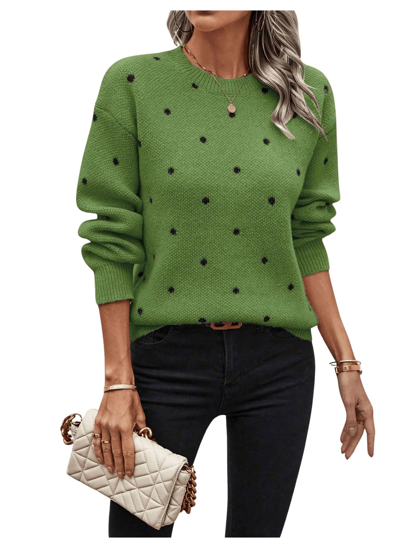 MakeMeChic Womens Polka Dots Sweaters Long Sleeve Fall Sweater Round Neck Knitted Tops