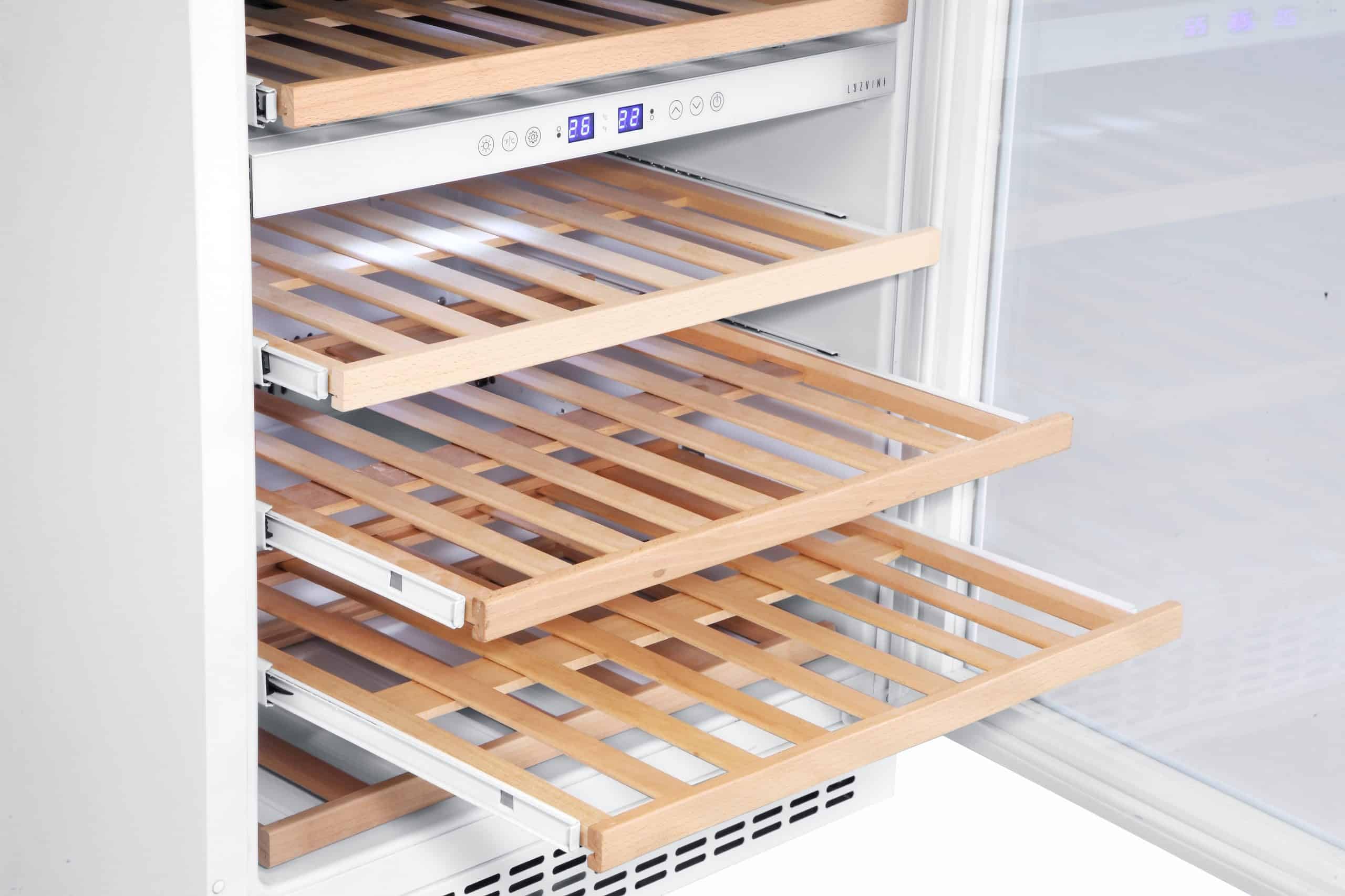 LV45W Weißer Einbau-Weinklimaschrank - Weinkühlschrank mit 2 Zonen - 45 Flaschen, geringer Energieverbrauch 116 kWh, Kompressorkühlung und 6 ausschiebbare Auflageflächen aus Buchenholz
