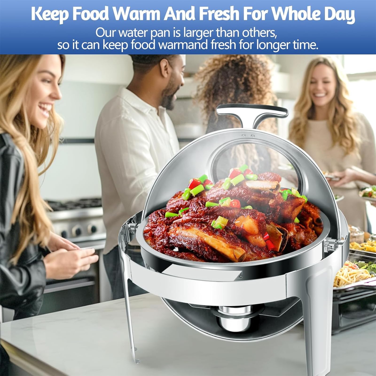 Buffet de plato de frotamiento, calentador eléctrico de alimentos de 6 litros con tapa visible y soportes de combustible, juego de sartenes de acero inoxidable para catering, fiestas, banquetes
