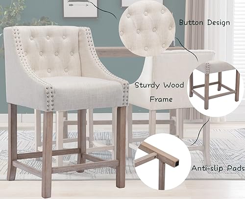 Miniatura 5 de CIMOTA Juego de 2 taburetes de bar con altura de mostrador, sillas de bar copetudas con respaldo tapizados de mediados de siglo con patas de madera,