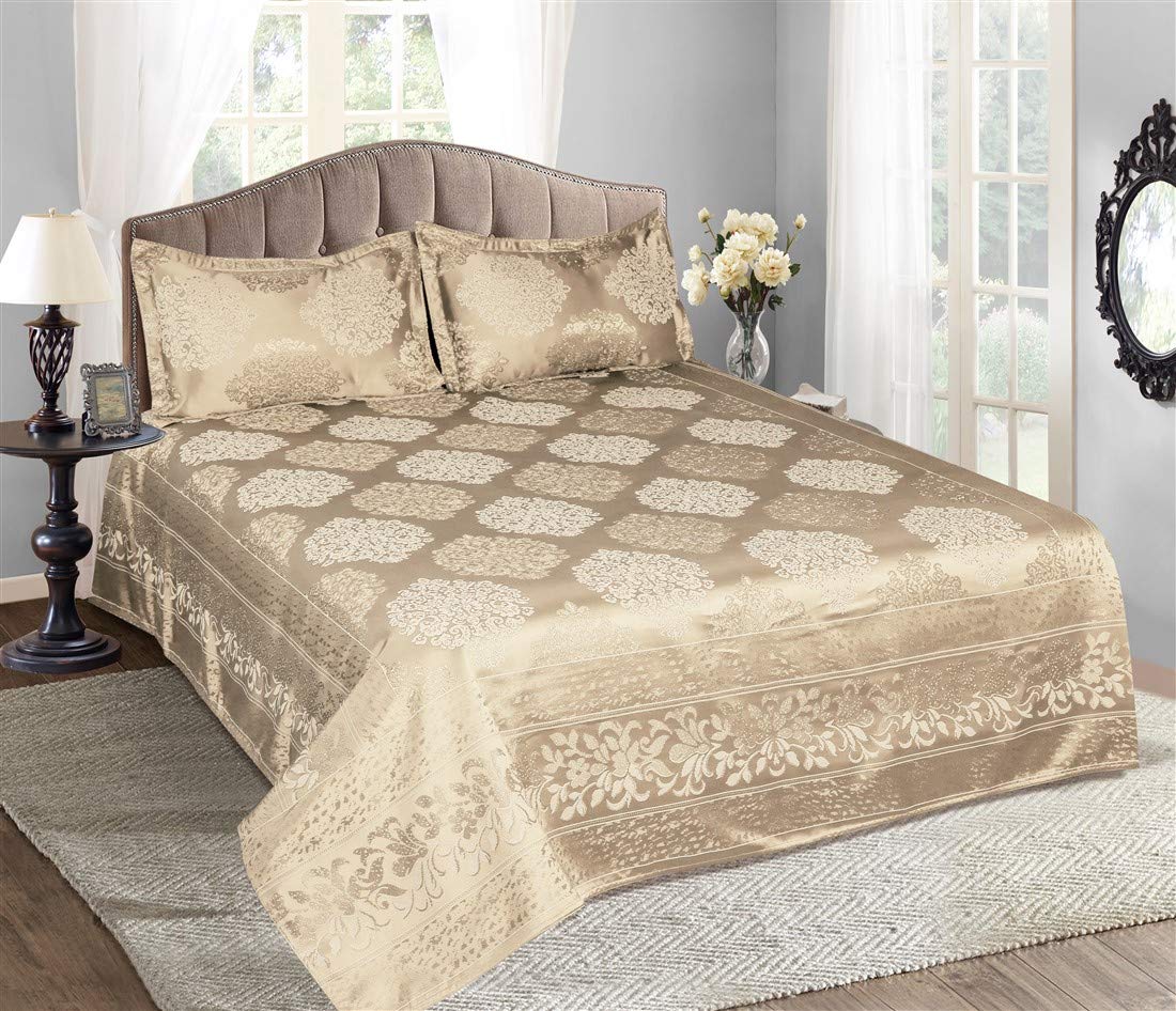 Victor Poly Cotton Styria Satin Bedcover for Double Bed/Luxury Damask Geometrical Extra Soft Bed Spread, Exclusive for Wedding (Bed Cover - 90" X 100", 2 Pillow Covers - 18" X 27"),Fawn-image-18