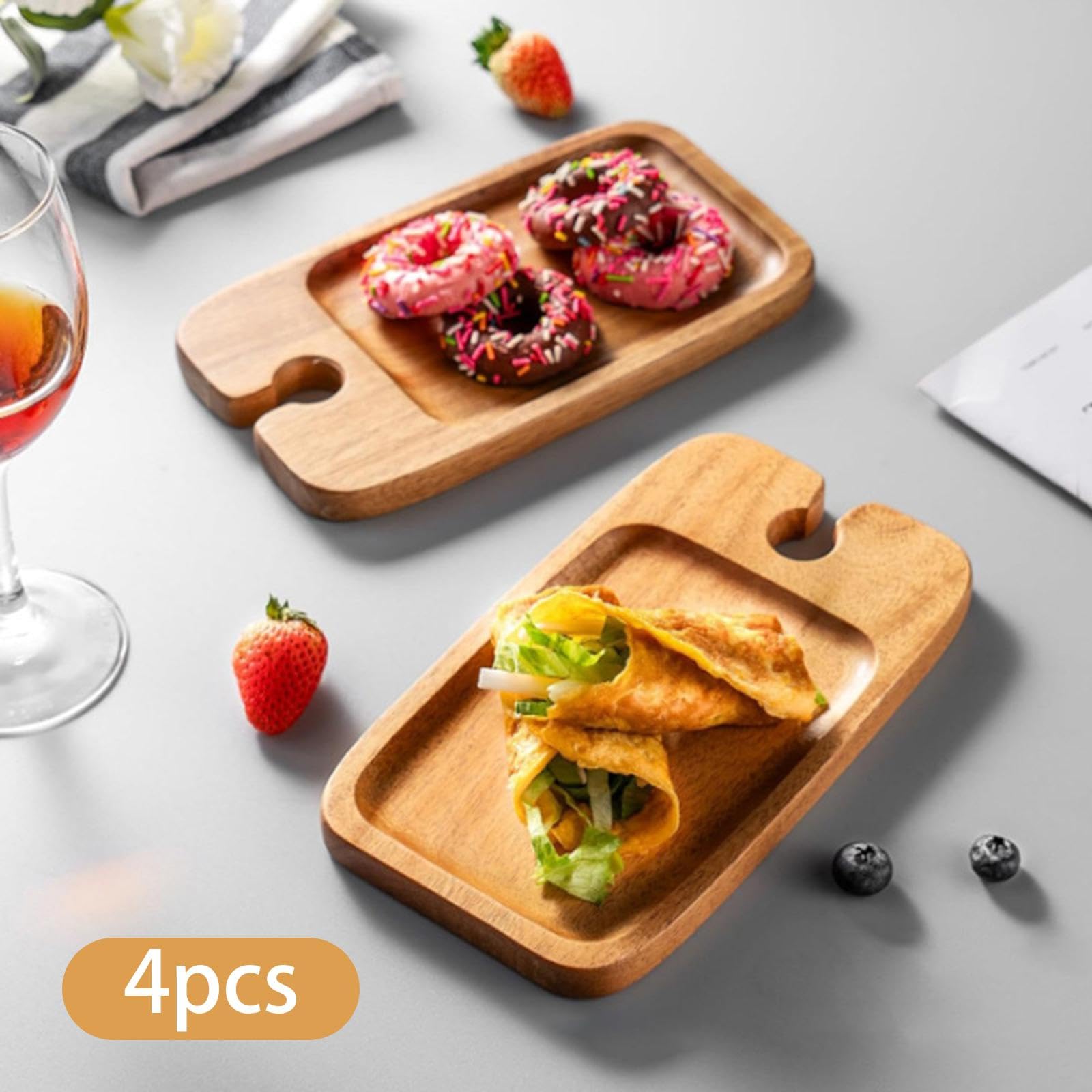 Bandeja de Madera de 2 Piezas para Aperitivos con Compartimento de Vidrio, Plato para Snacks, Bandeja para Servir, Tabla de Embutidos, Tabla de Quesos, 4 Piezas, Individual