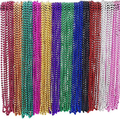 4E's Novelty 144 Pack Colorful Beads Necklaces, 12 Rainbow Colors, Metallic, For Party Favors & Mardi Gras Throws, Unisex Adults & Kids