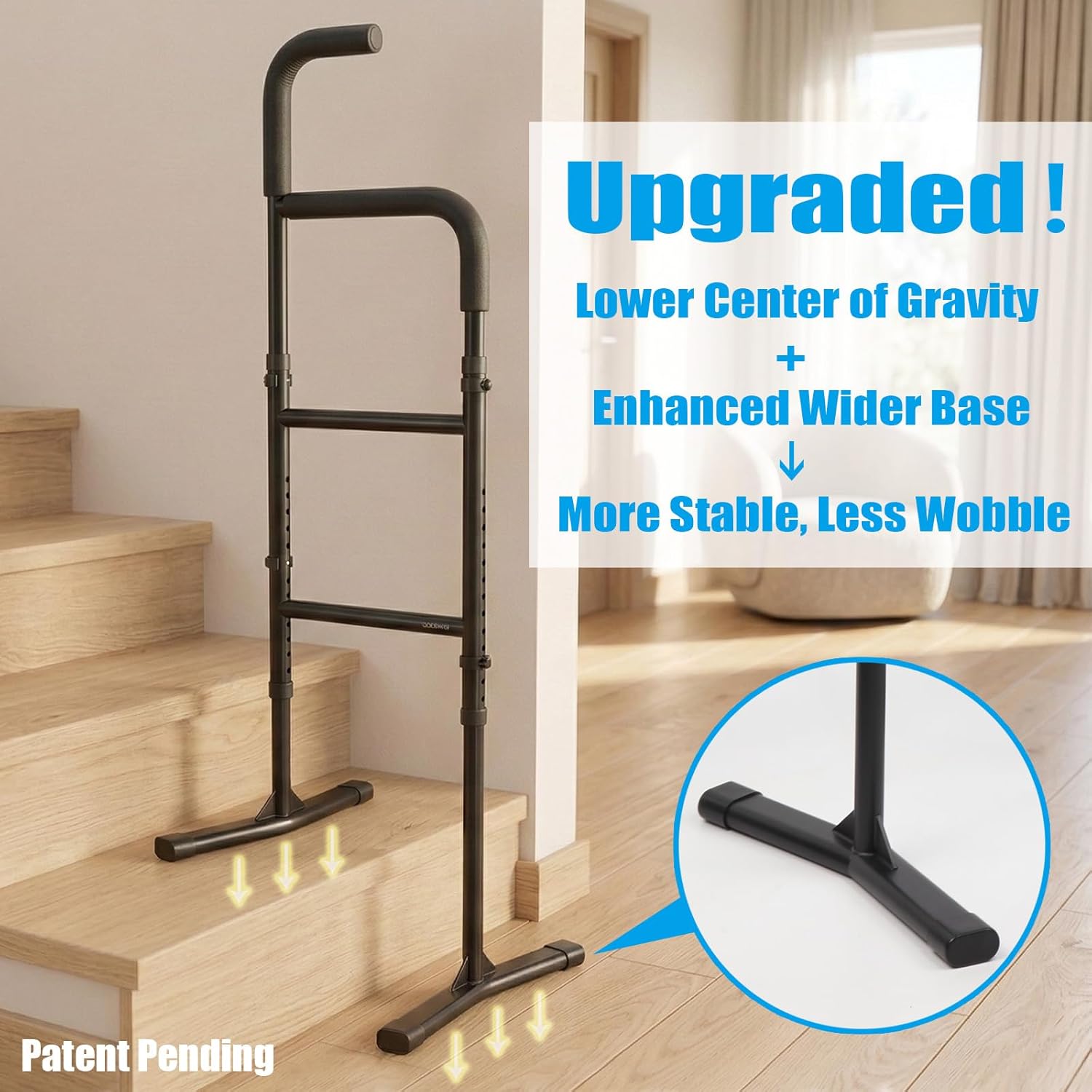 Upgraded Stair Assist Cane - Enhanced Base &13-Level Adjustable Height, Ergonomic Multi-Level Handle, 300lbs Capacity, Portable & Sturdy Mobility Aid for Elderly - Patent Pending