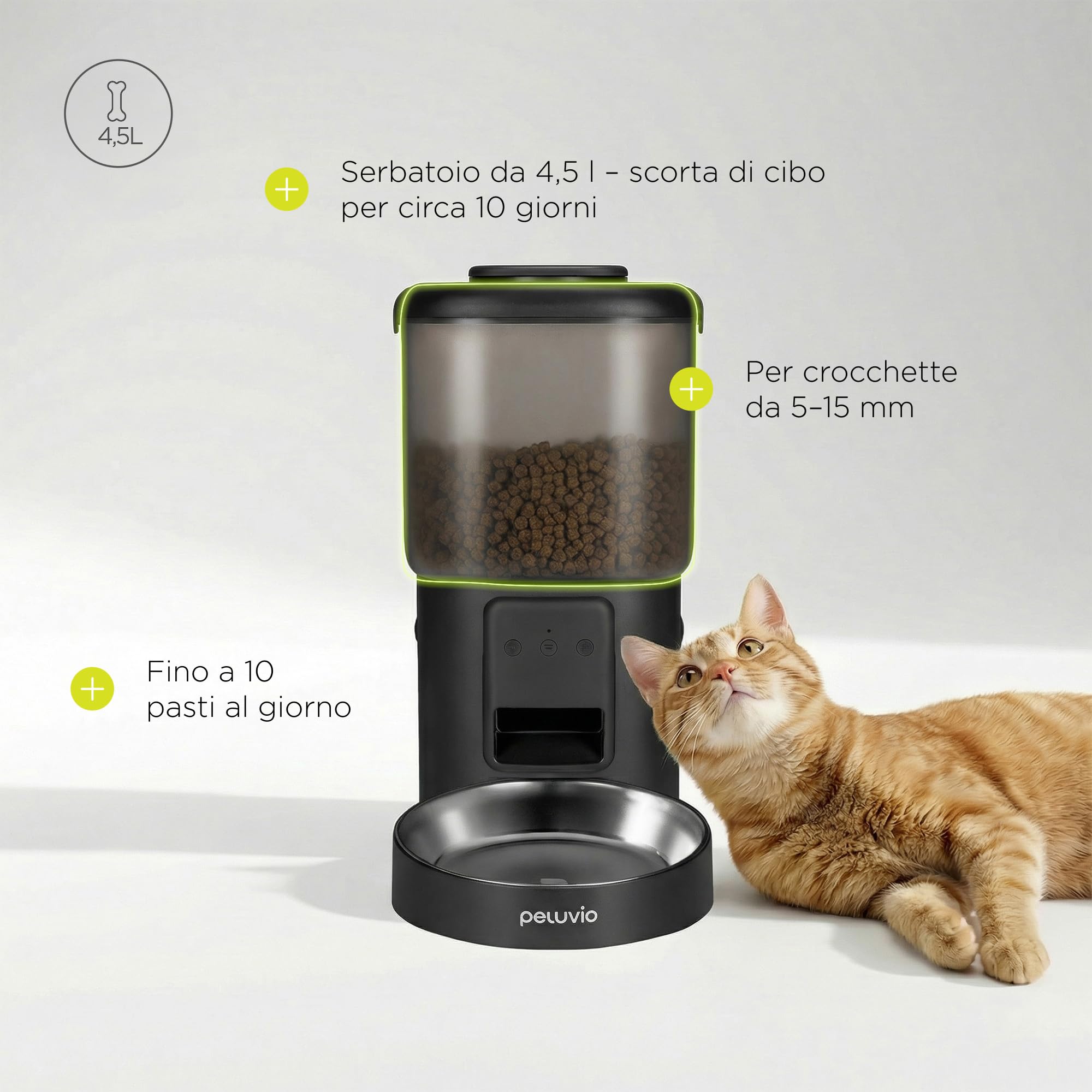 CRISPY WI-FI Distributore Automatico Cibo Gatti e Cani WiFi con App, 4,5 L, Programmabile Timer e Porzioni, Registrazione Vocale, Ciotola in Acciaio Inox, Cavo e Batterie, Cavo 2,5 m (Nero) | Per Cani e Gatti, App, Timer e Porzioni Programmabili, Registra