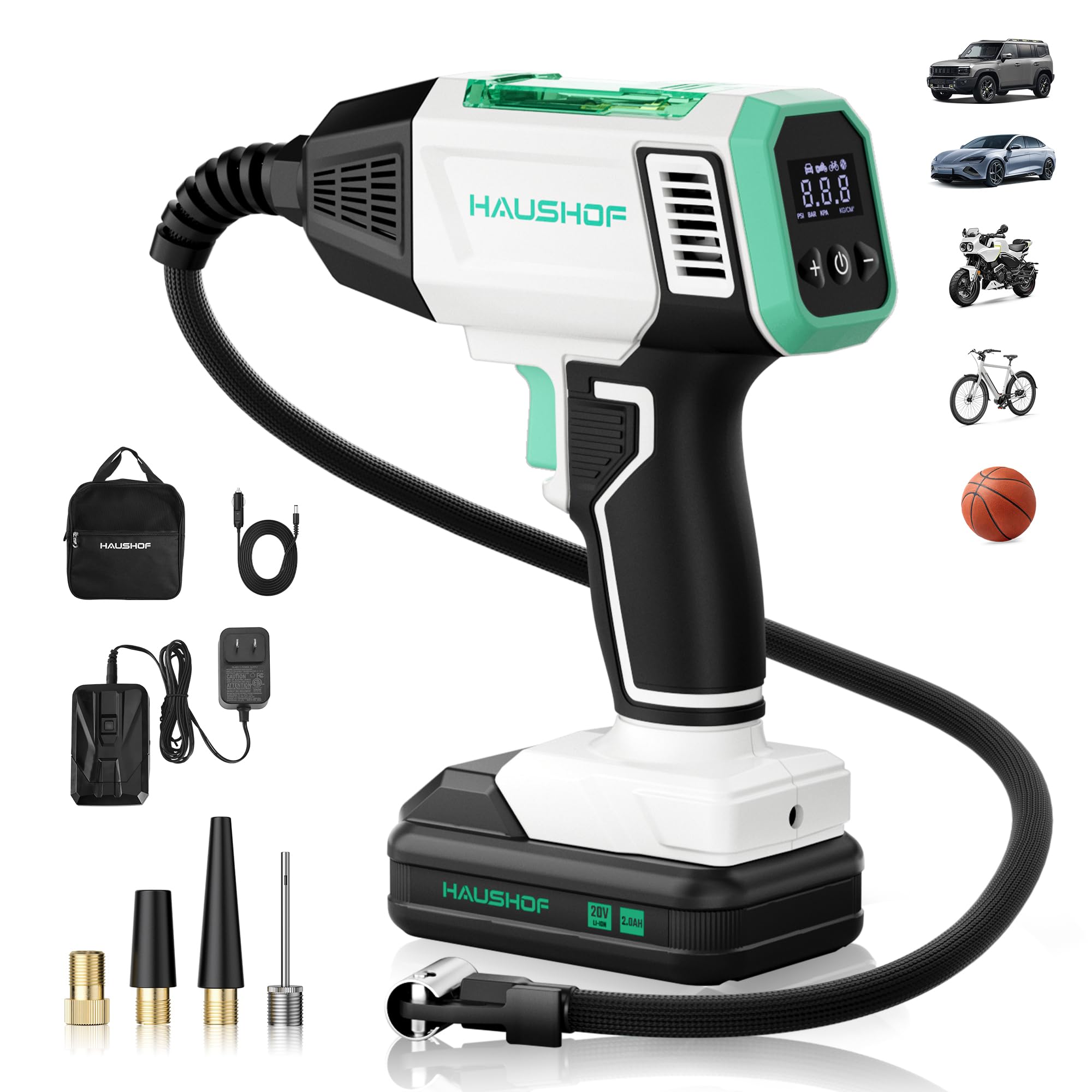HAUSHOF Tire Inflator Portable Air Compressor, 150 PSI Cordless Air Pump with Digital Pressure Gauge, 20V Rechargeable Battery & 12V DC Power, Auto
