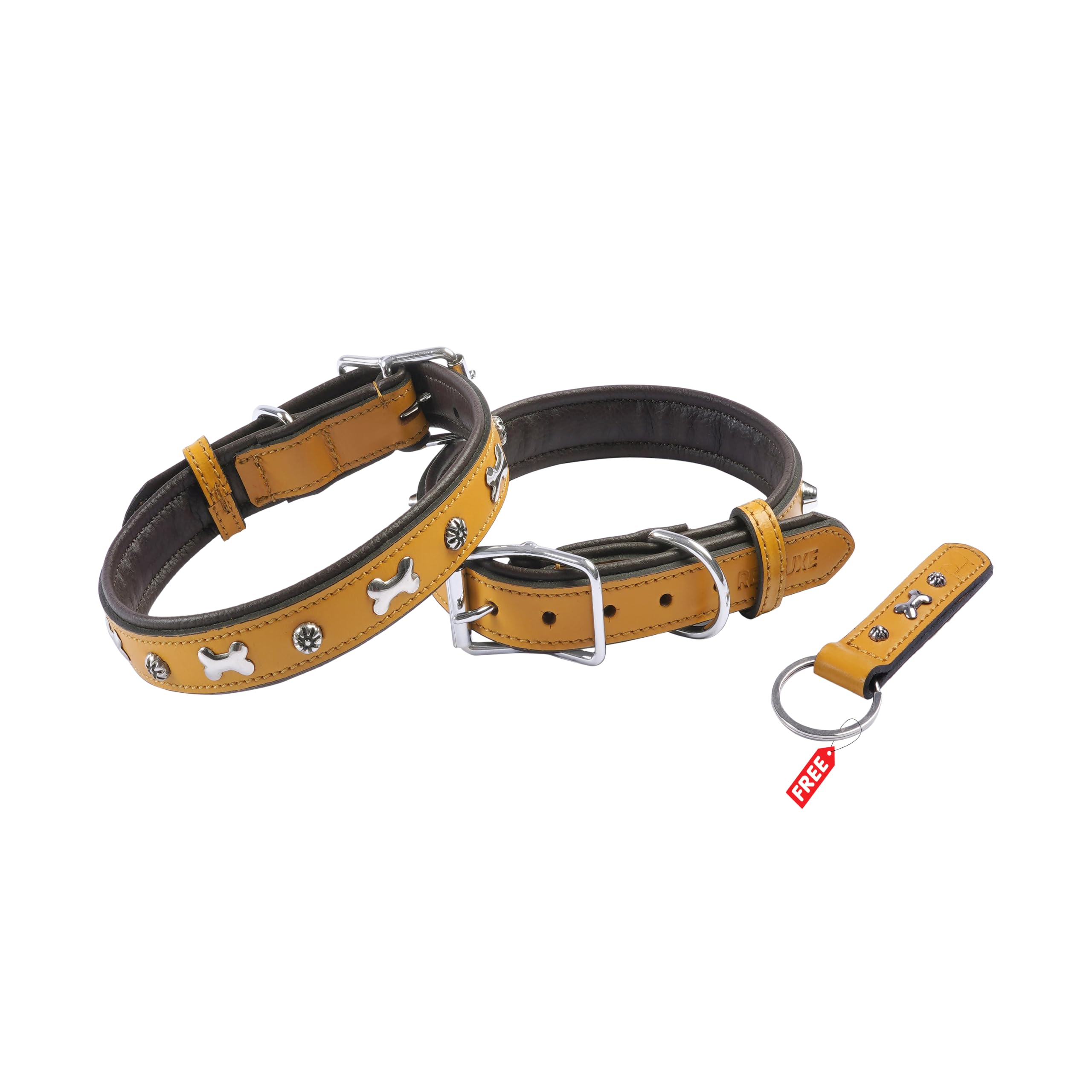 REDLUXE Genuine Leather Dog Collar with Bone Stud Design, Soft Padded Adjustable Pet Collar for Small, Medium & Large Dogs, Heavy Duty Metal Buckle & D-Ring,Free Matching Keyring (YELLOW, S)