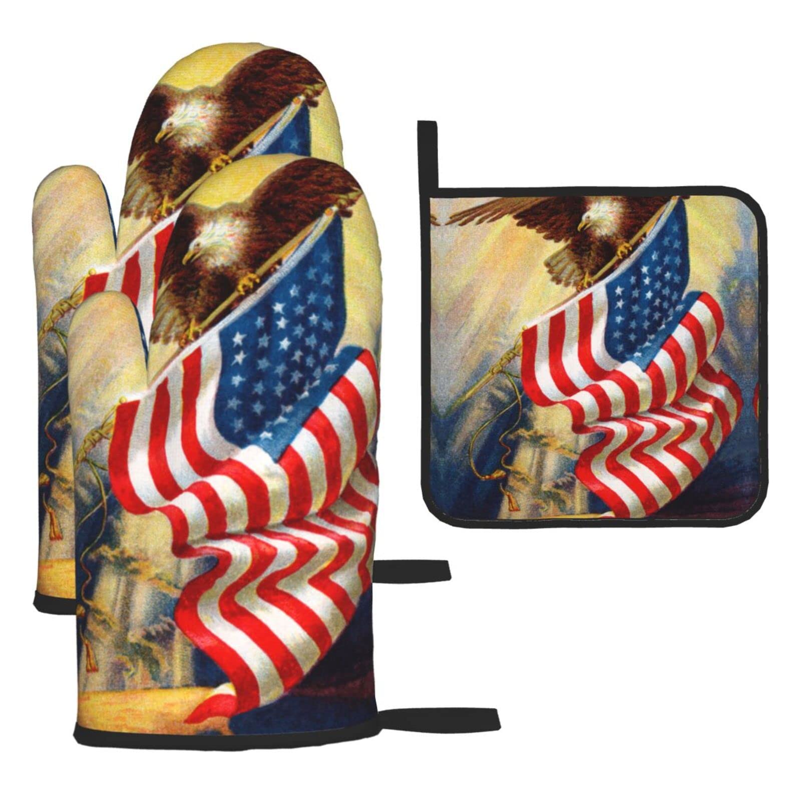 American USA Flag Eagle Art Oven Mitts and Pot Holder Kitchen Set for Grilling, Cooking, Baking, Heat Resistant