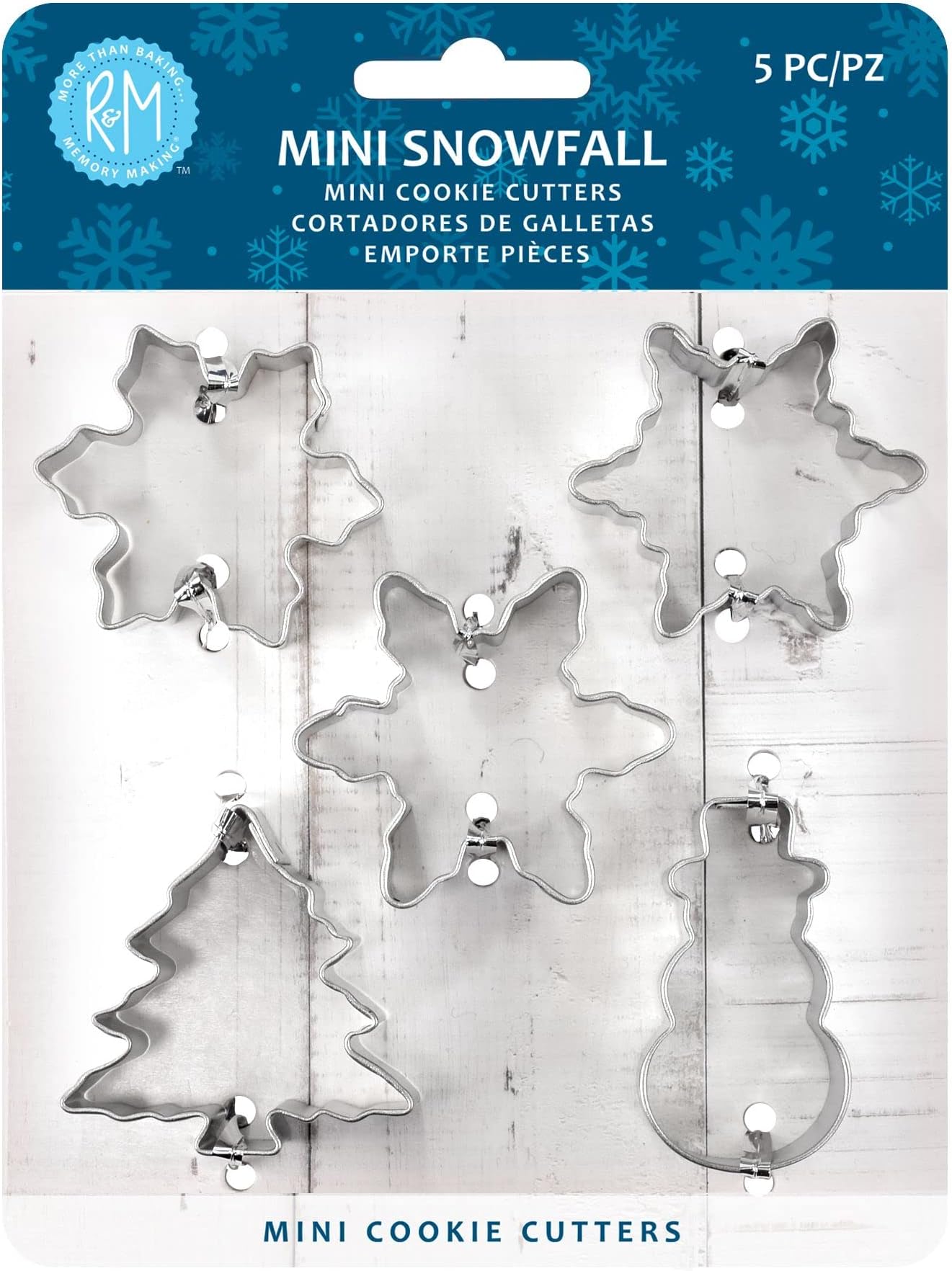 R&MInternational Mini Snowfall Cookie Cutters, Snowman, Tree, 3 Snowflakes, 5-Piece Set