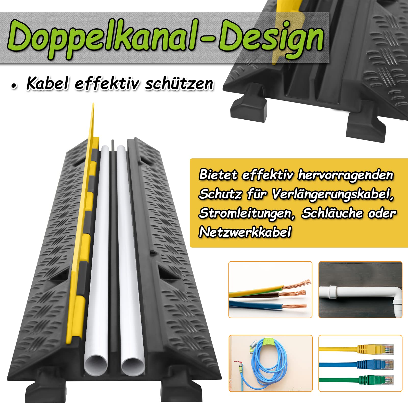 Froadp Lot de 6 Goulottes de Sol 100cm/3,32ft Revêtements de Câbles Couvertures Pont de Câble avec 2 Canaux Protection Anti-Collision Caoutchouc Cordons de Raccordement pour Parking Atelier Entrepôt