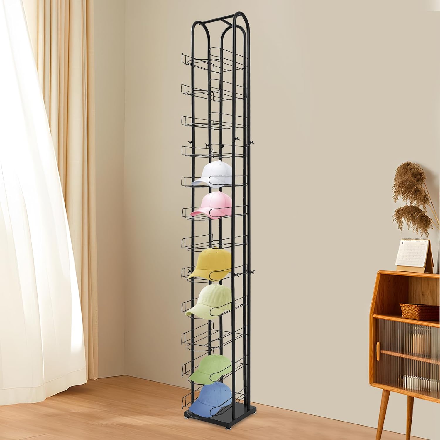 12-Tier Hat Rack Tower Freestanding Hat Display Stand Holder Modern Metal Hat Storage Shelf Organizer for Cap Retail Display Organization, Black