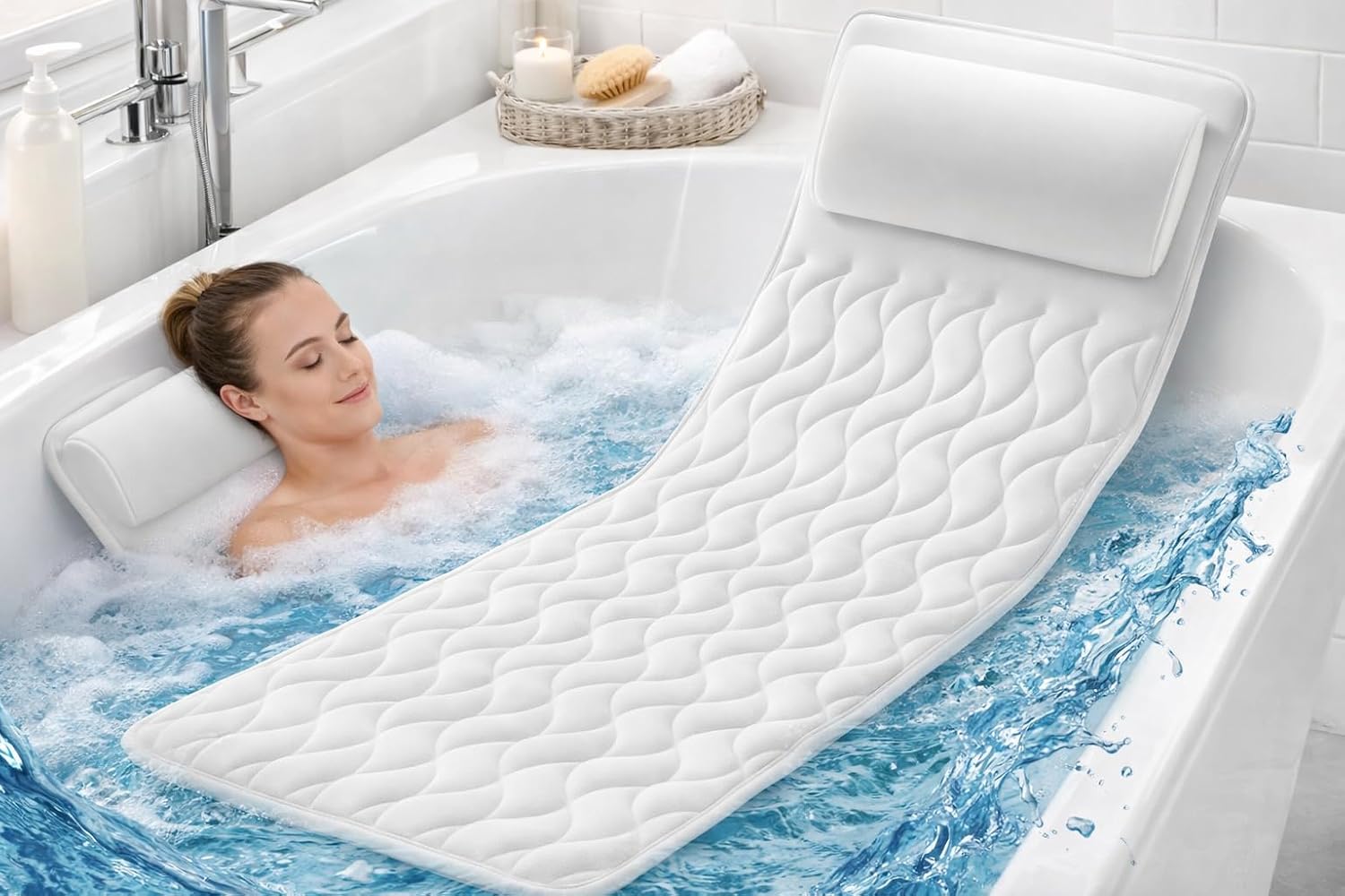 Full Body Bath Pillow for Bathtub Long Tub Cushion Mat with Headrest 5D Air Mesh 21 Suction Cups Quick Dry Machine Washable Dependable Industries Inc. Essentials