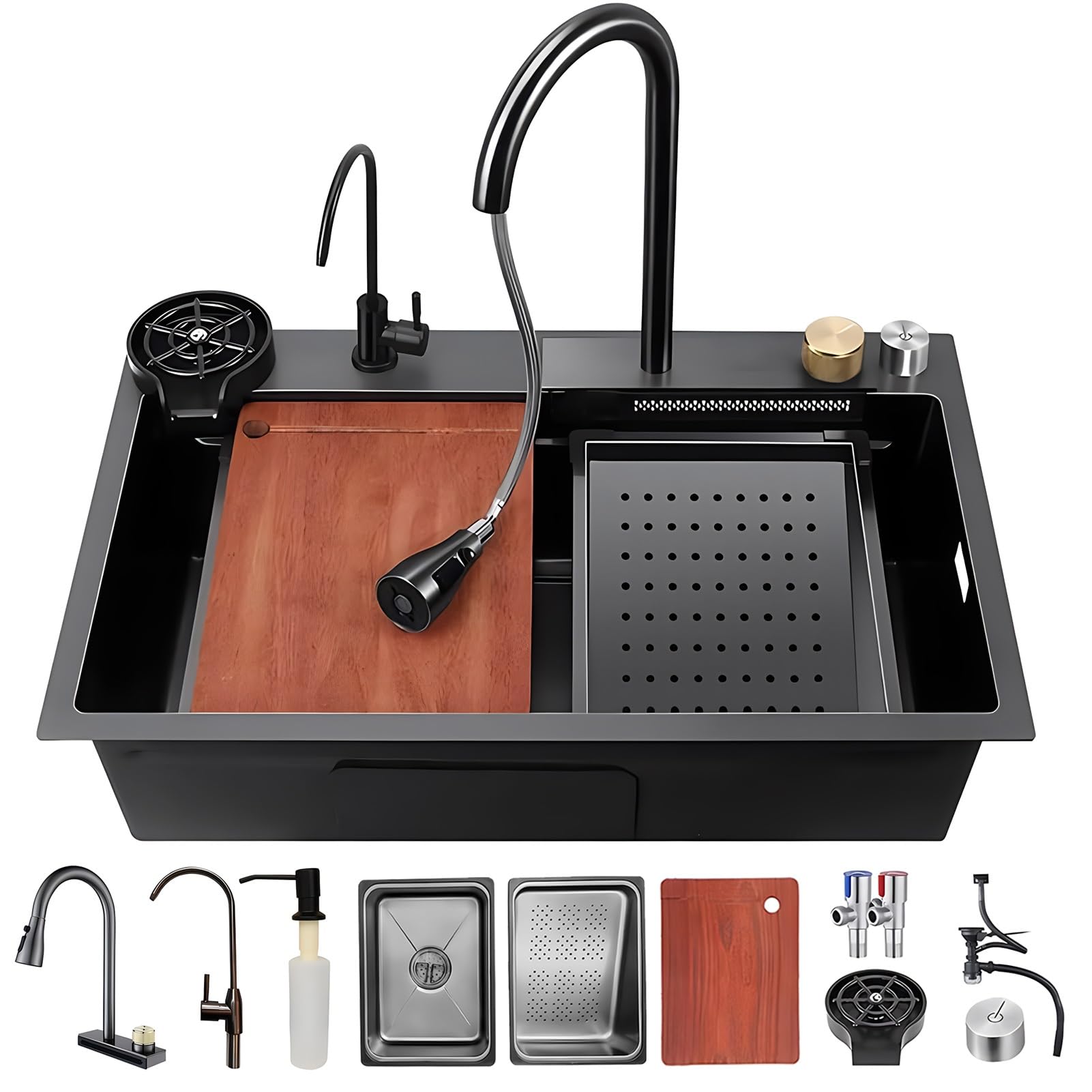 CZYWKDDPP Workstation With Waterfall Dual Bowl Pull-Out 3 In 1 Faucet, Stainless Steel Basin Set, Pressure Pot Washer, Cutting Board, Draining Basket More Accessories(Black-Gray A,75x46cm)