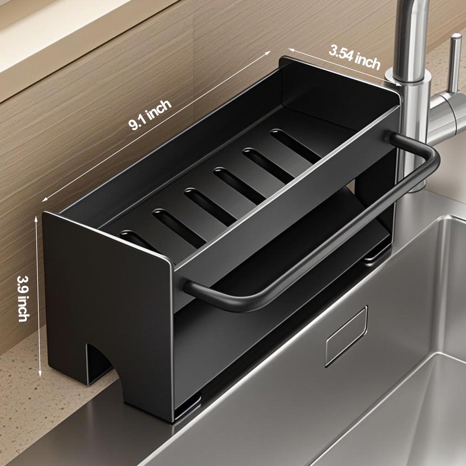 KINGBERWI Sponge Holder for Kitchen, Sink Caddy with Auto Draining Tray, Stainless Steel Sponge Caddy Organizer, Kitchen Utensils Accessories Storage for Countertop, Black