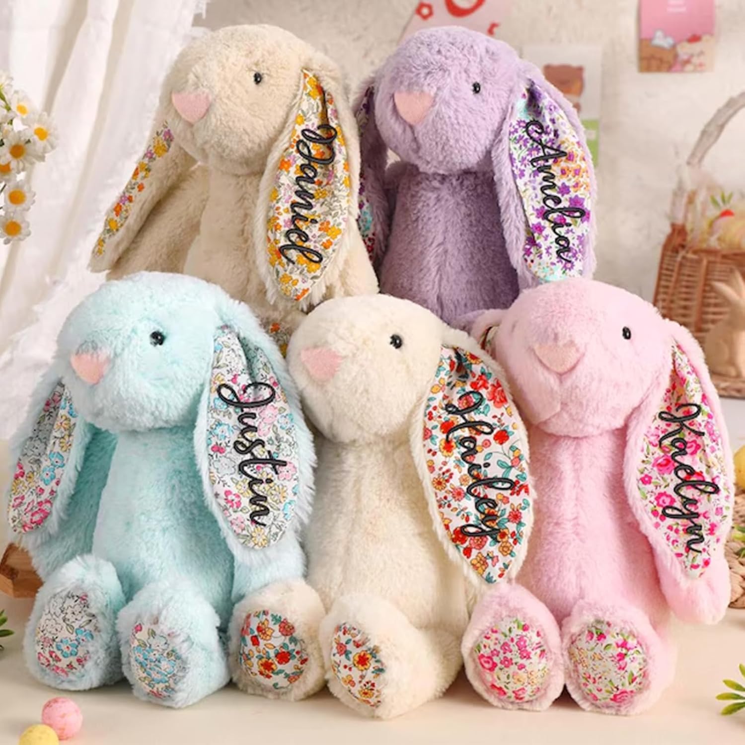 Personalized Embroidered Plush Bunny Custom Long Ear Easter Bunny Stuffed Animal With Child's Name Plush Rabbit Toy Gift For Baby Kids Girls Boys(Style 3)