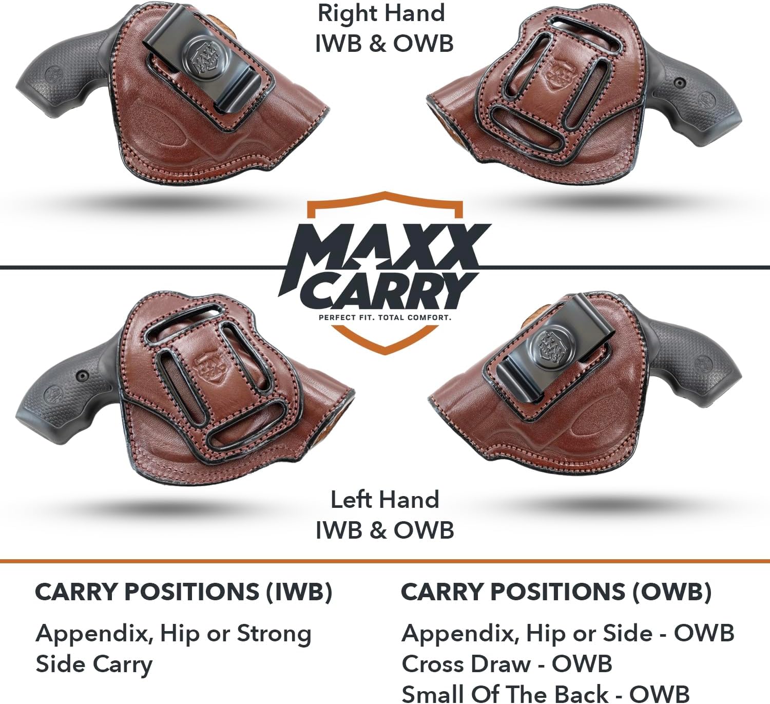 Maxx Carry Multi-Carry 4-Way OWB & IWB Premium Leather Gun Holster fits Ruger LCR, LCRx, SP101 | S&W Bodyguard 38 Special, M&P 340 | Taurus 85, 605, 856 and Other Snub Nose.
