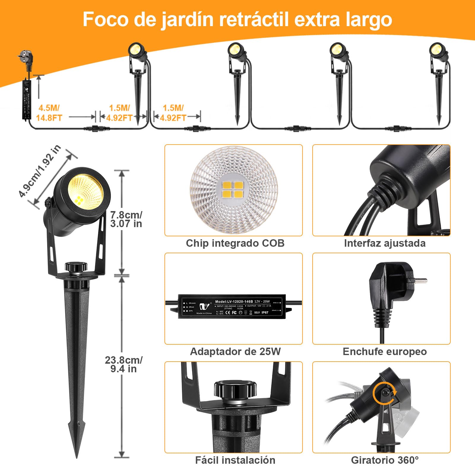 ECOWHO 4PACK Luces de Paisaje de Bajo Voltaje, 12W 15M Cable Foco Exterior con Transformador 12V, IP65 Impermeable Enchufe Luces Spot, 2700K Blanco cálido para Plantas, Césped, árboles
