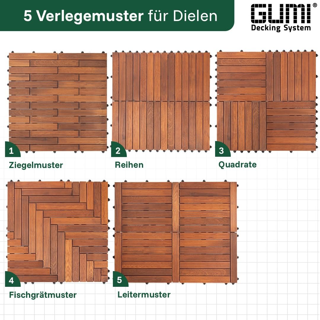 GUMI Dalles de Terrasse Dalles de Balcon Lames Clipsables en Bois Thermofrêne 1 m² – Système Modulaire pour Balcon et Terrasse | Montage sans Outils | Motif Brique | Bois Naturel