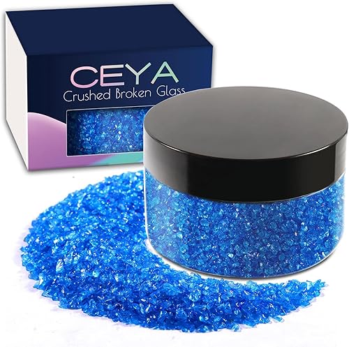 Ceya 5.3 onzas5.29 oz de vidrio triturado irregular, color azul Neptuno, chips de cristal metálico con purpurina de 0.079-0.157 in para